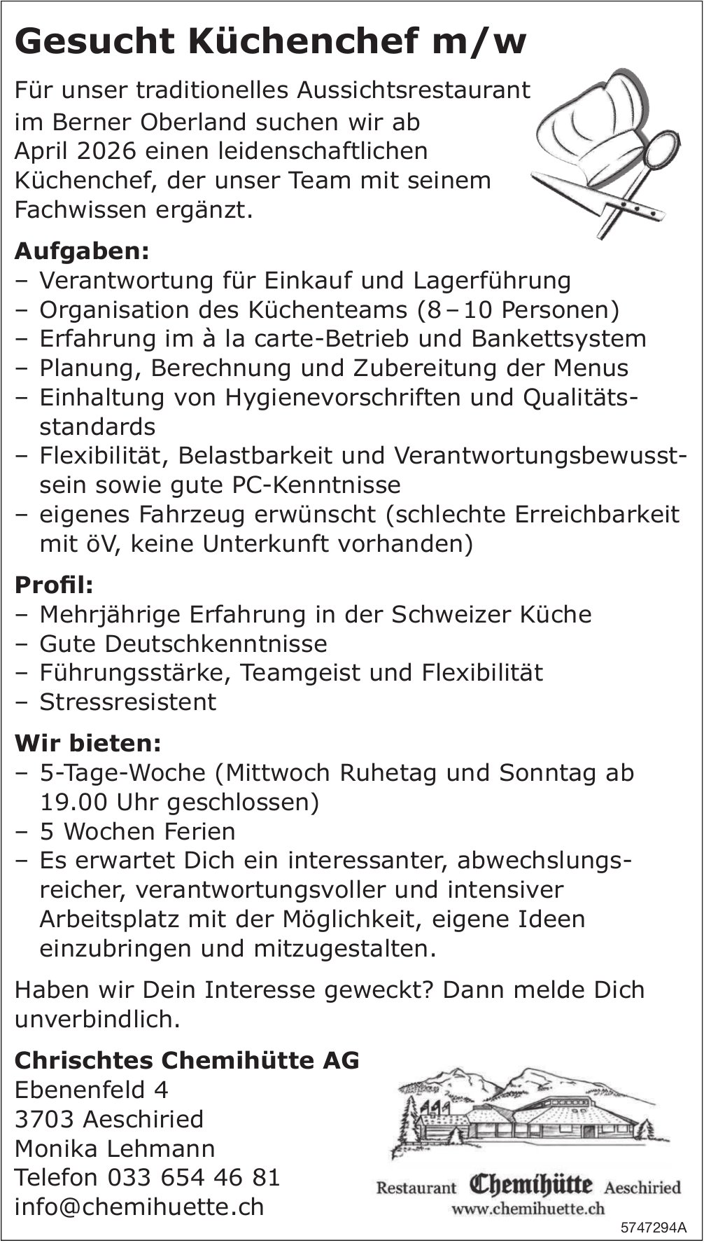 Küchenchef m/w, Chrischtes Chemihütte AG, Aeschiried, gesucht