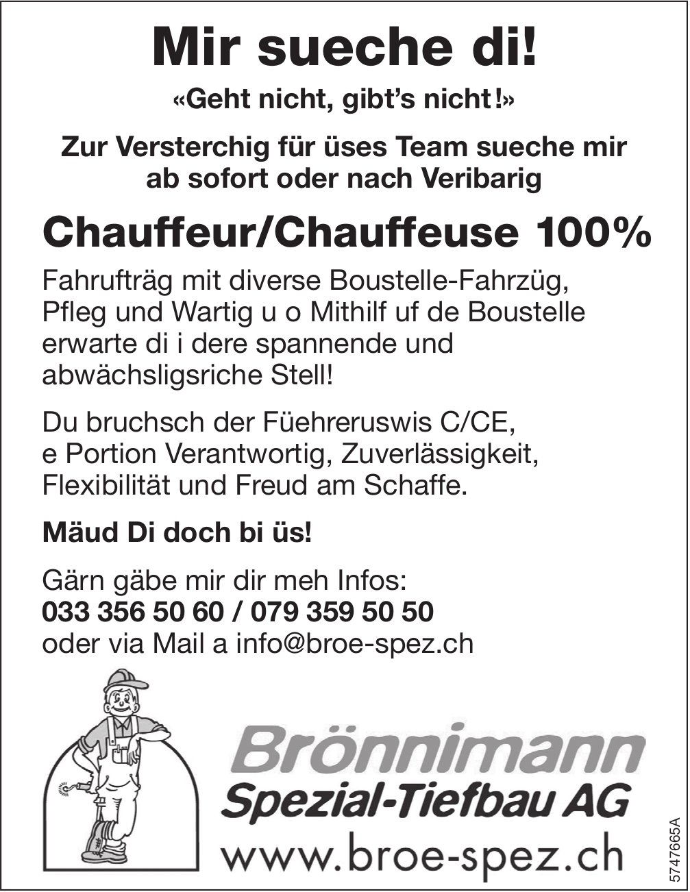 Chauffeur/Chauffeuse 100%, Brönnimann Spezial-Tiefbau AG, gesucht