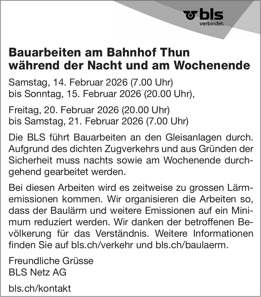 Bauarbeiten am Bahnhof Thun während der Nacht und am Wochenende, 14.-21. Februar