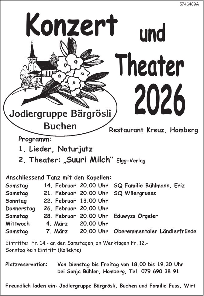 Konzert und Theater 2026, 14. - 7. März, Restaurant Kreuz, Homberg