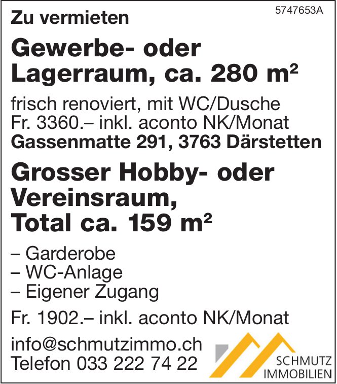 Gewerbe- oder Lagerraum, ca. 280 m2, Därstetten,  zu vermieten