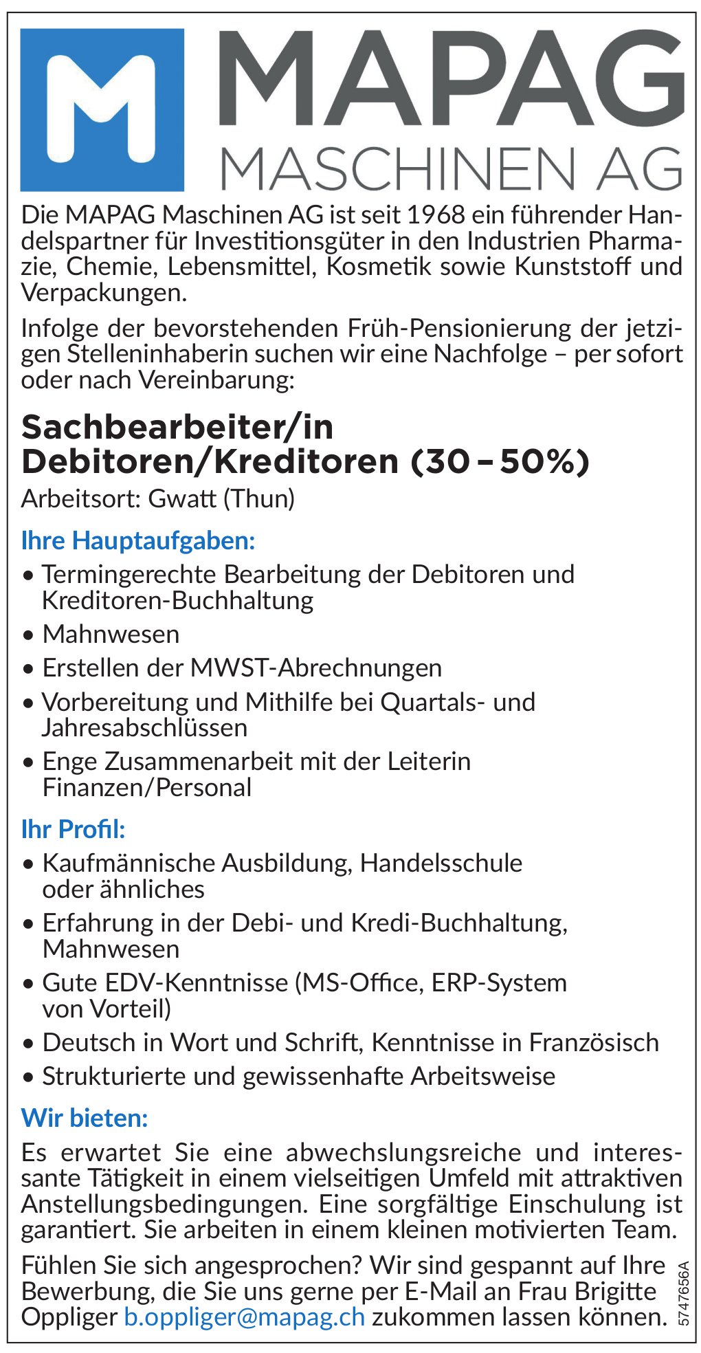 Sachbearbeiter/in Debitoren/Kreditoren (30 – 50%), MAPAG Maschinen AG, gesucht