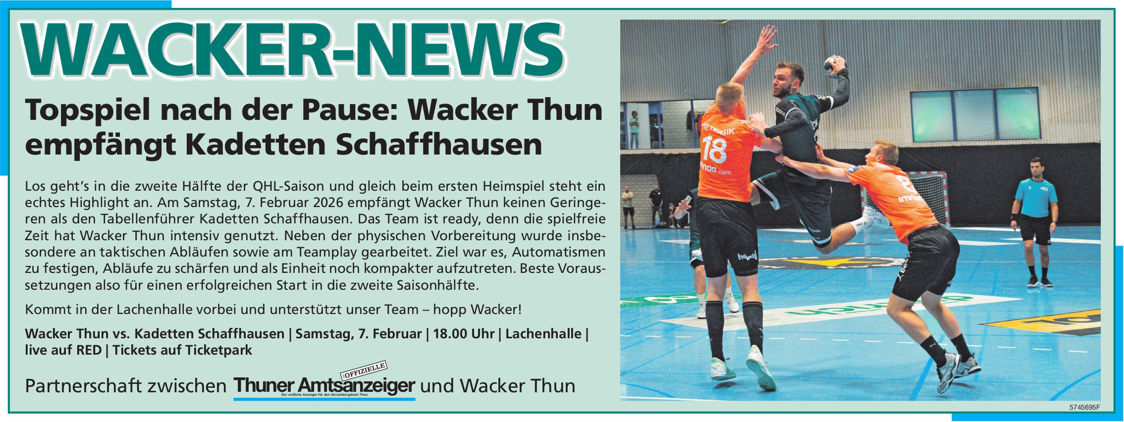 Topspiel nach der Pause: Wacker Thun empfängt Kadetten Schaffhausen, 7. Februar, Lachenhalle