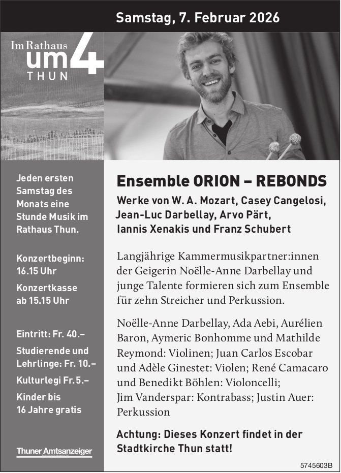 Ensemble ORION – REBONDS, 7. Februar, Stadtkirche, Thun
