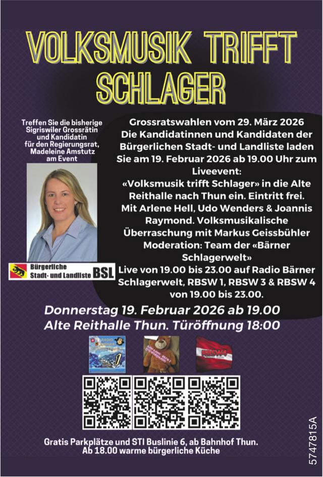 Volksmusik trifft Schlager, 19. Februar, Alte Reithalle, Thun