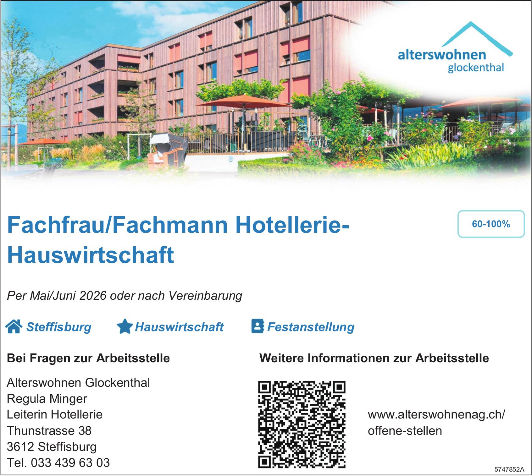 Fachfrau/Fachmann Hotellerie-, Alterswohnen Glockenthal, Steffisburg, gesucht