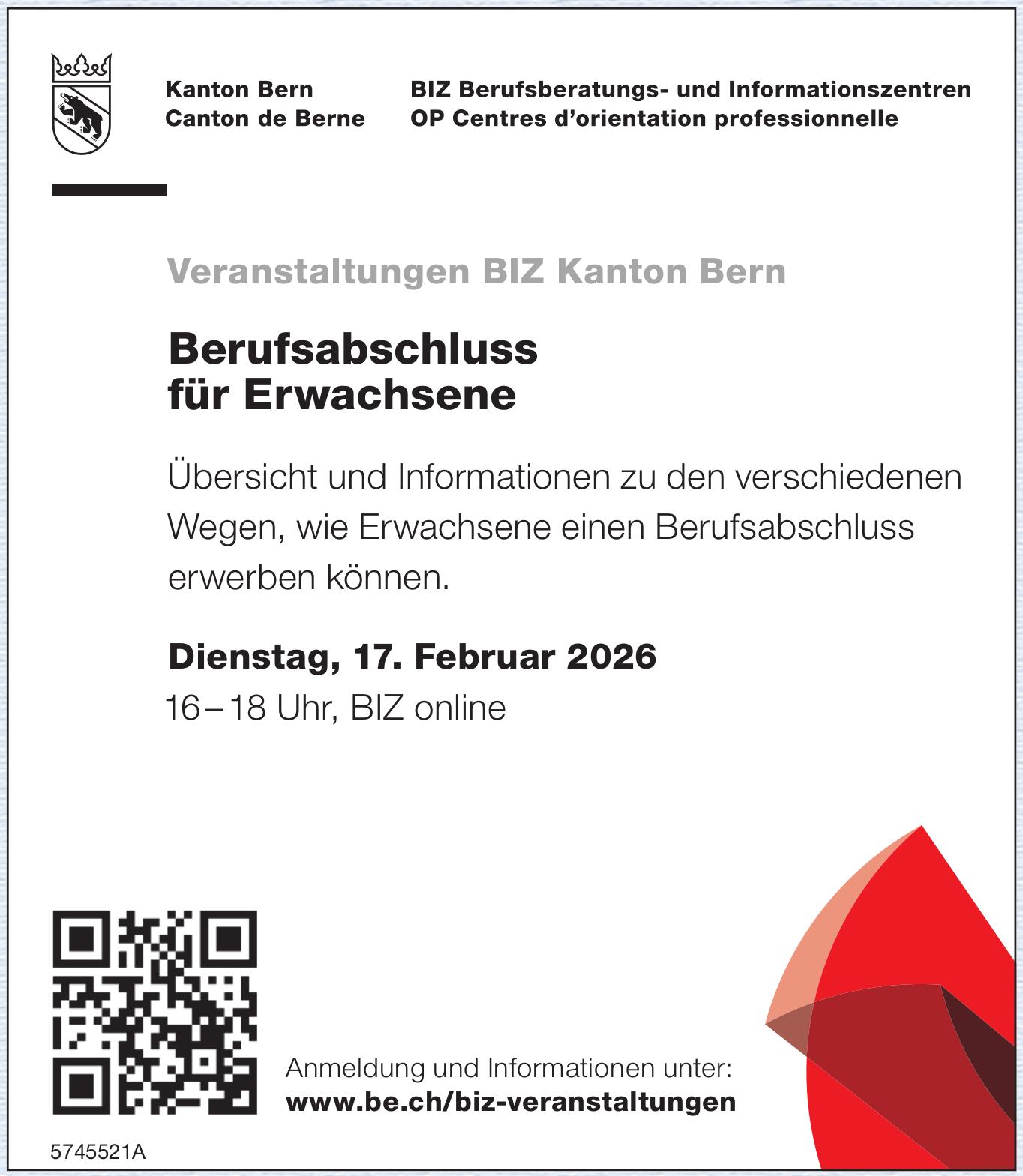 Berufsabschluss für Erwachsene, 17. Februar, Biz online, Bern
