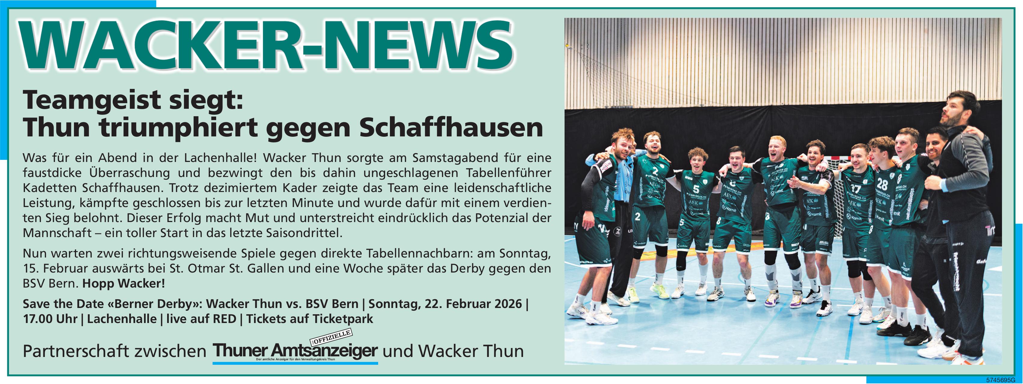Save the Date «Berner Derby»: Wacker Thun vs. BSV Bern, 22. Februar, Lachenhalle