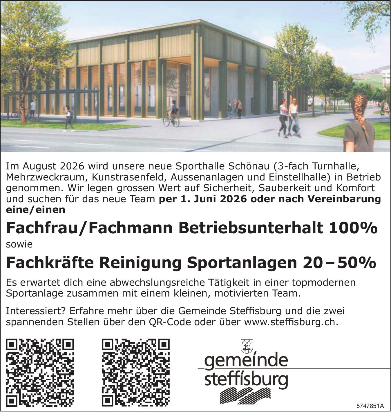 Fachfrau/Fachmann Betriebsunterhalt 100% sowie Fachkräfte Reinigung Sportanlagen 20–50%, Gemeinde Steffisburg, gesucht