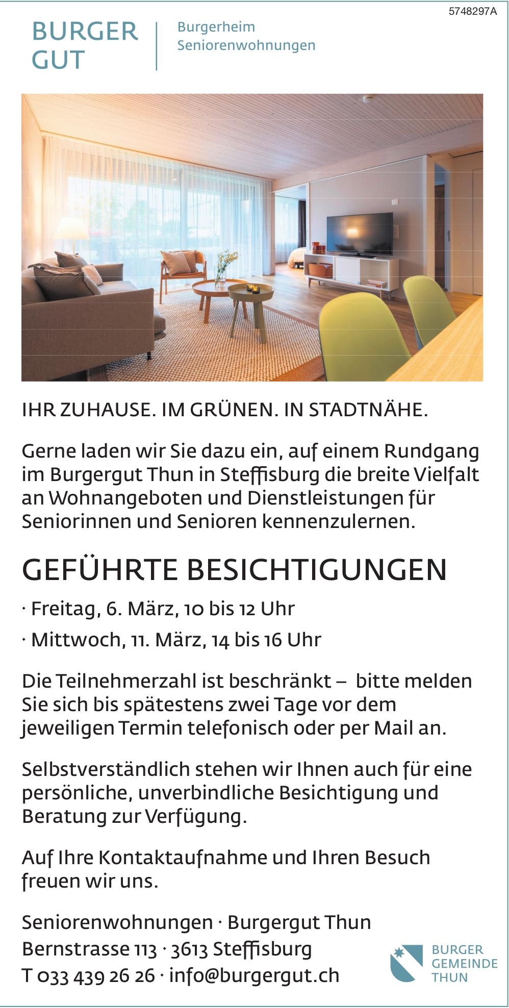 GEFÜHRTE BESICHTIGUNGEN, 6. - 11. März, Seniorenwohnungen Burgergut Thun, Steffisburg