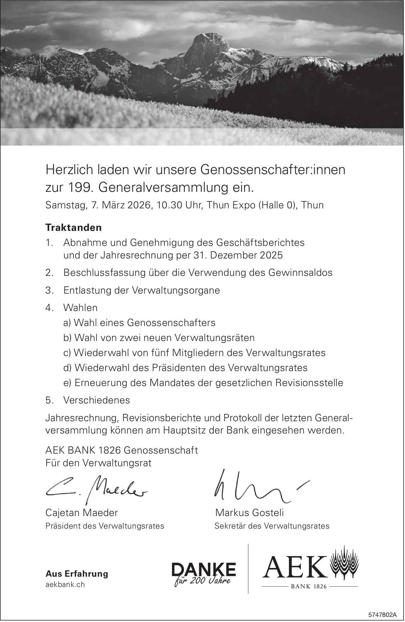AEK: 199. Generalversammlung, 7. März, Thun expo