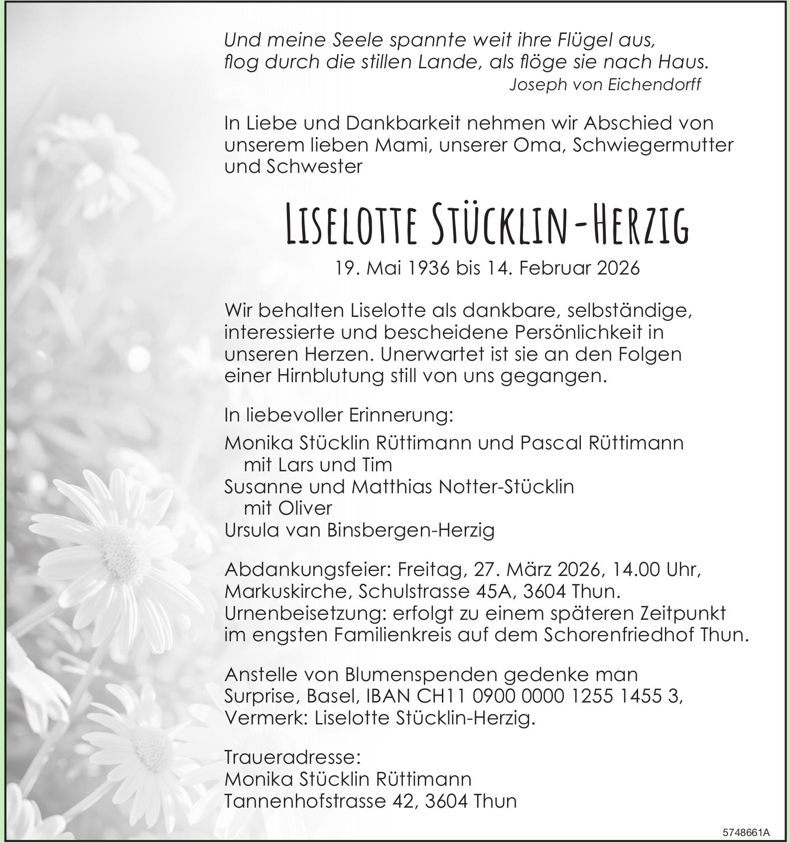 Stücklin-Herzig Liselotte, Februar 2026 / TA