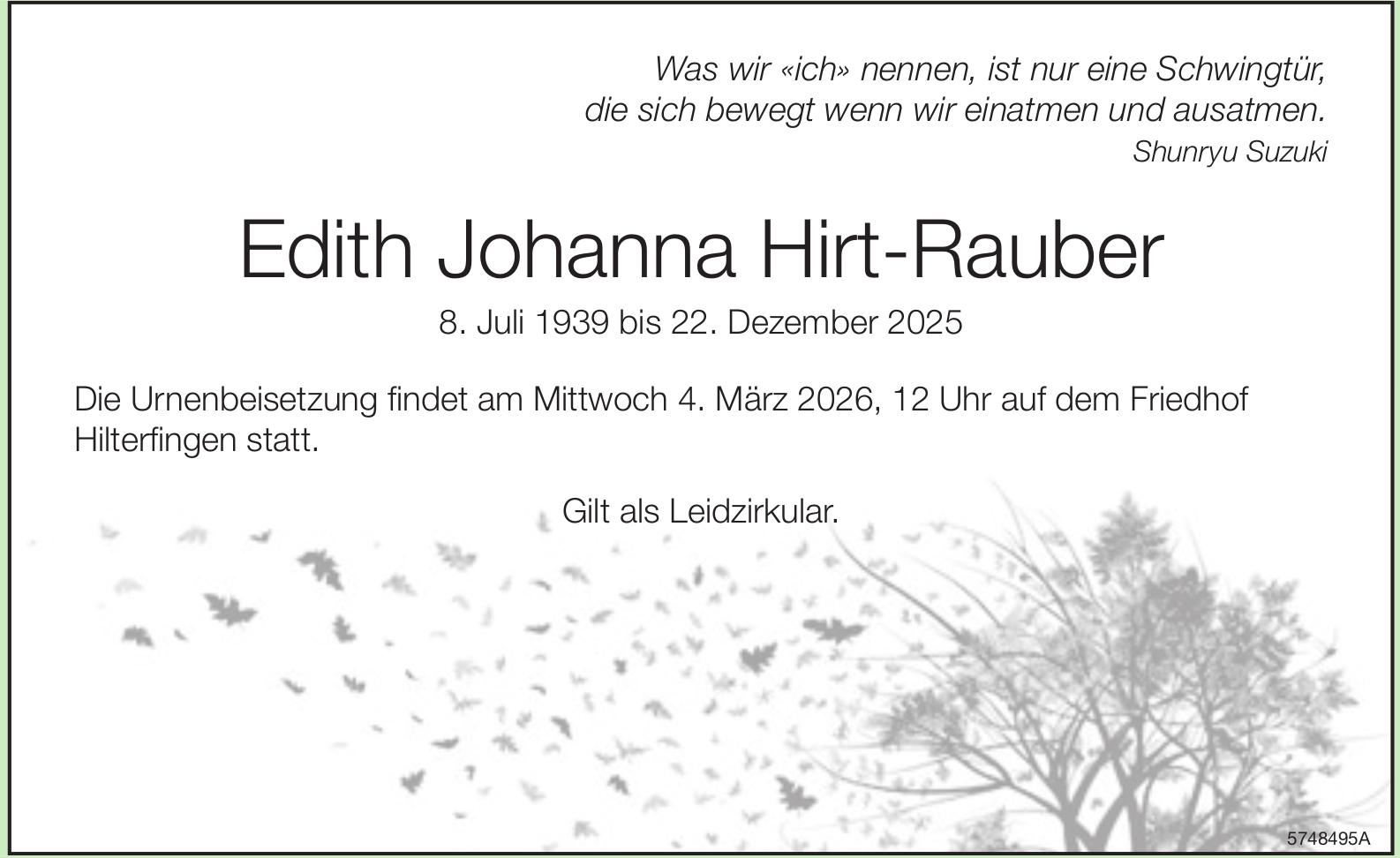 Hirt-Rauber Edith Johanna, Dezember 2025 / TA