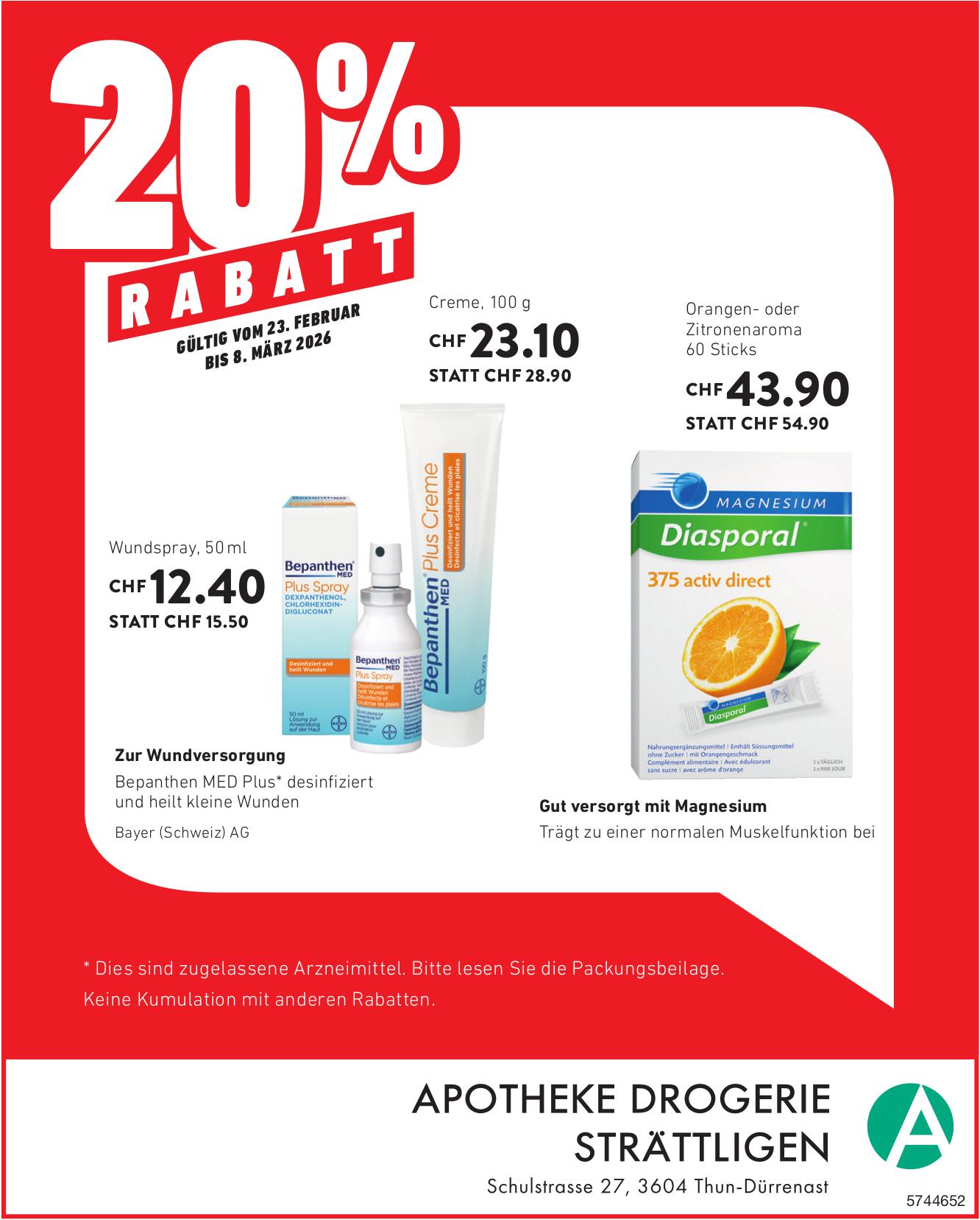 20% Rabatt, 23. Februar - 8. März, Apotheke Drogerie Strättligen, Thun-Dürrenast