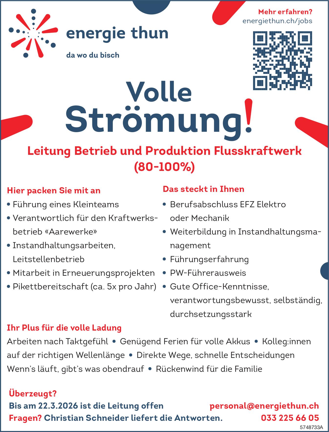Leitung Betrieb und Produktion Flusskraftwerk (80-100%), energie thun, Gesucht