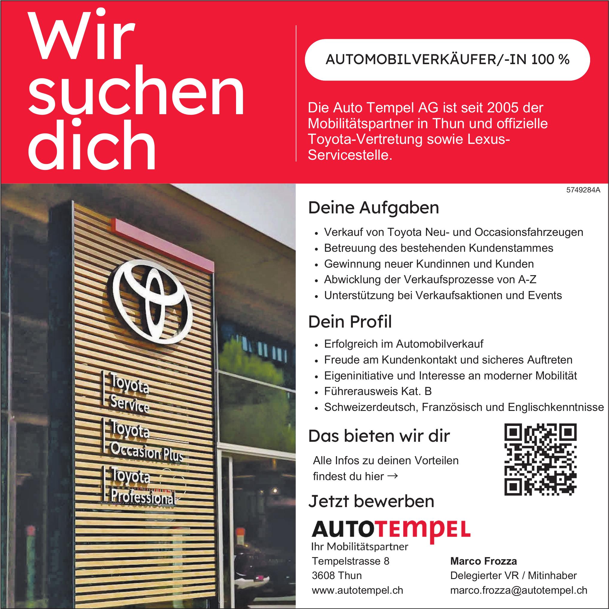 AUTOMOBILVERKÄUFER/-IN 100 %, AUTOTEMPEL, Thun, Gesucht