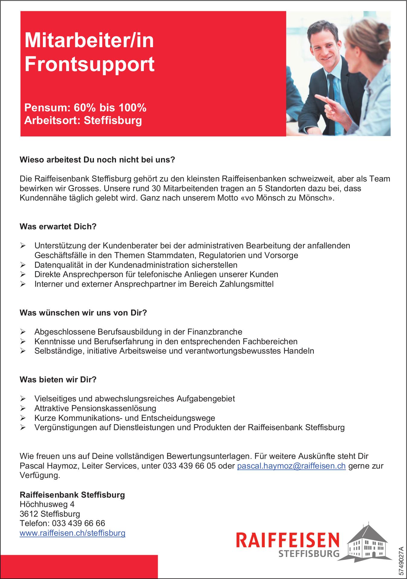 Mitarbeiter/in Frontsupport, Raiffeisenbank Steffisburg, Gesucht