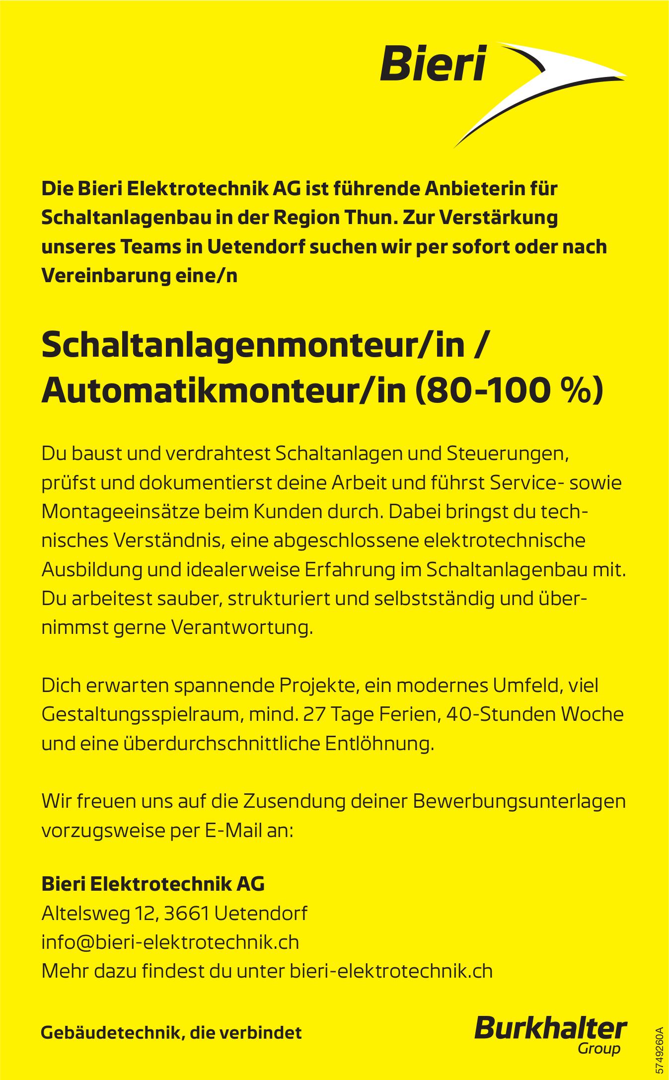 Schaltanlagenmonteur/in / Automatikmonteur/in (80-100 %), Bieri Elektrotechnik AG, Uetendorf, Gesucht