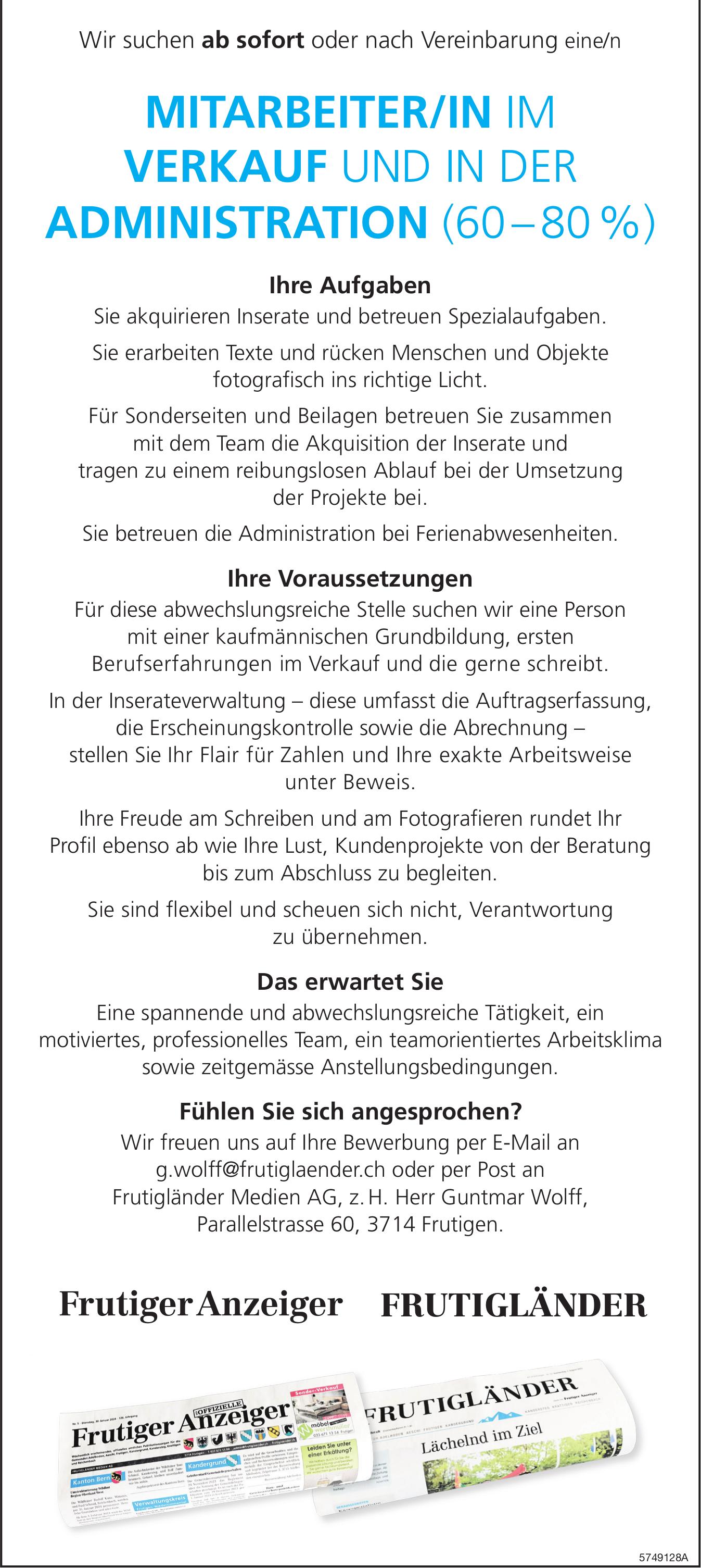 MITARBEITER/IN IM VERKAUF UND IN DER ADMINISTRATION (60–80 %), Frutigländer Medien AG, Frutigen, Gesucht