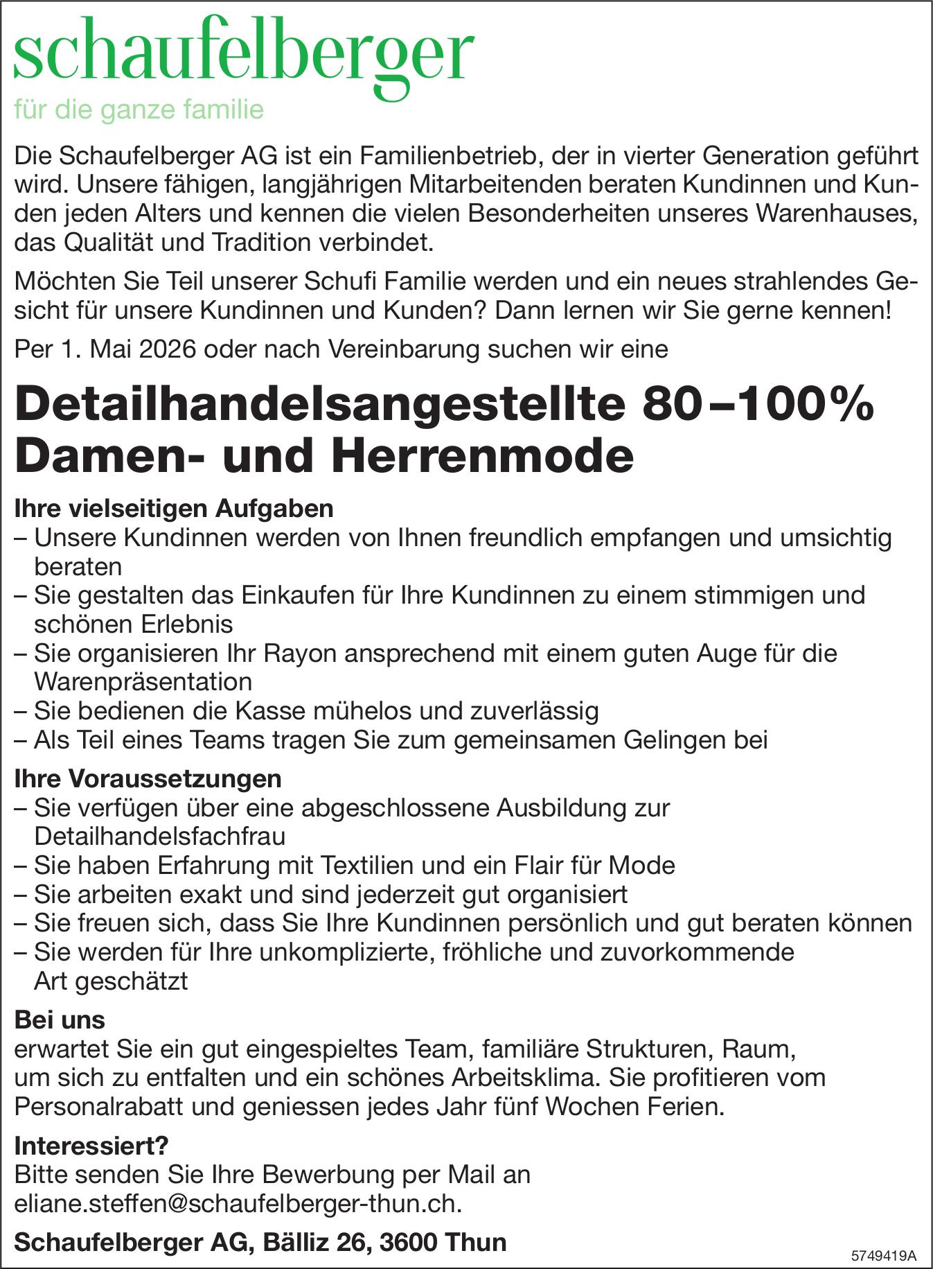 Detailhandelsangestellte 80–100% Damen- und Herrenmode, Schaufelberger AG, Thun, Gesucht