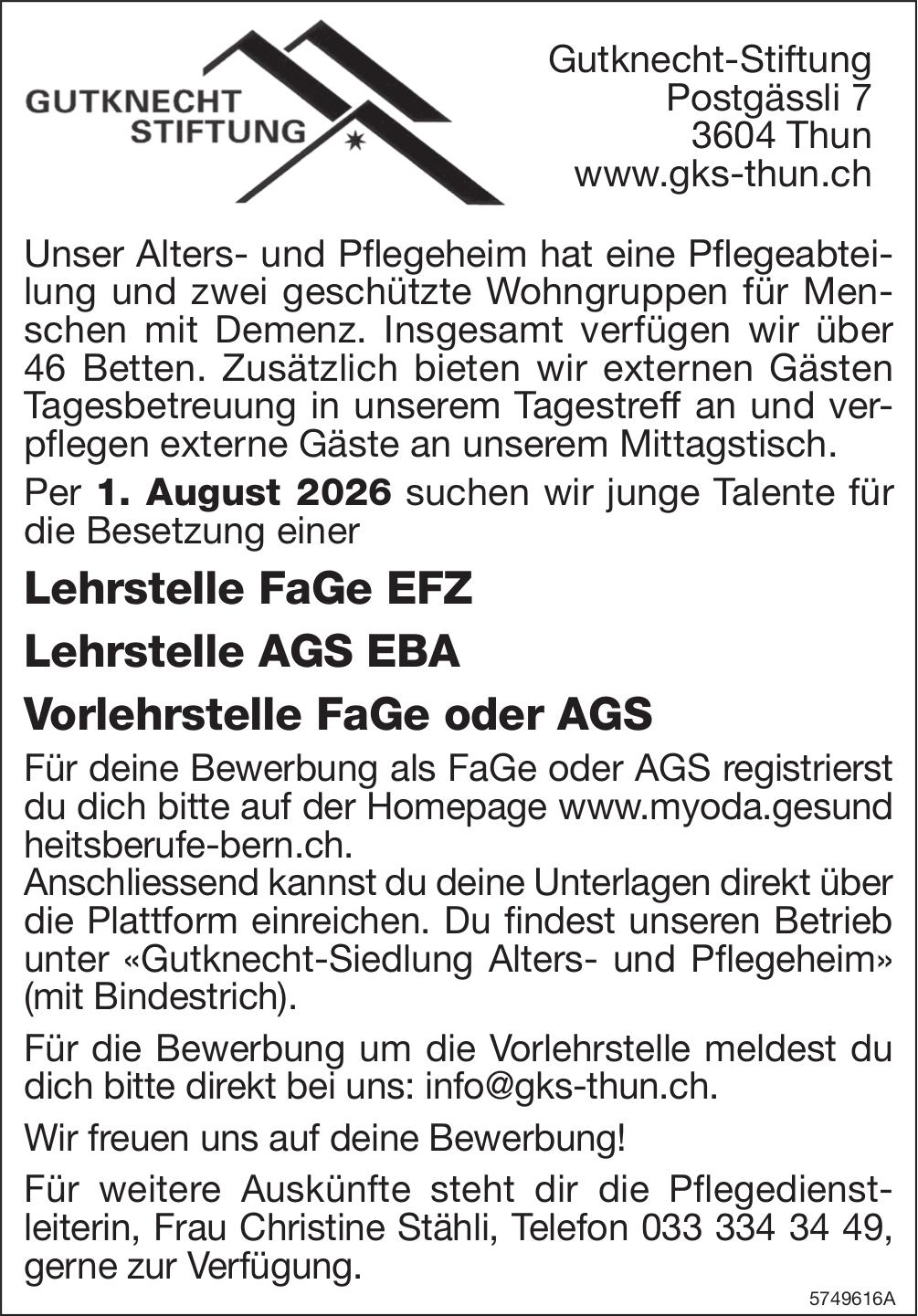 Lehrstelle FaGe EFZ, Gutknecht-Stiftung, Thun, Gesucht