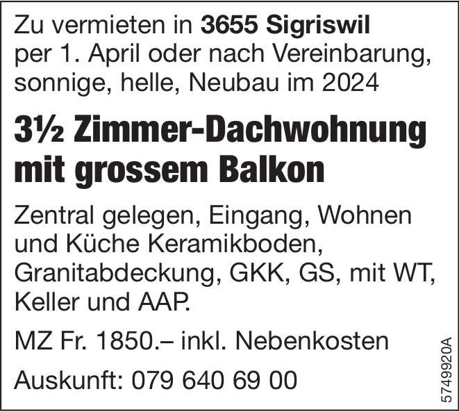 3½ Zimmer-Dachwohnung mit grossem Balkon, 3½ Zimmer-Wohnung, Sigriswil, zu vermieten