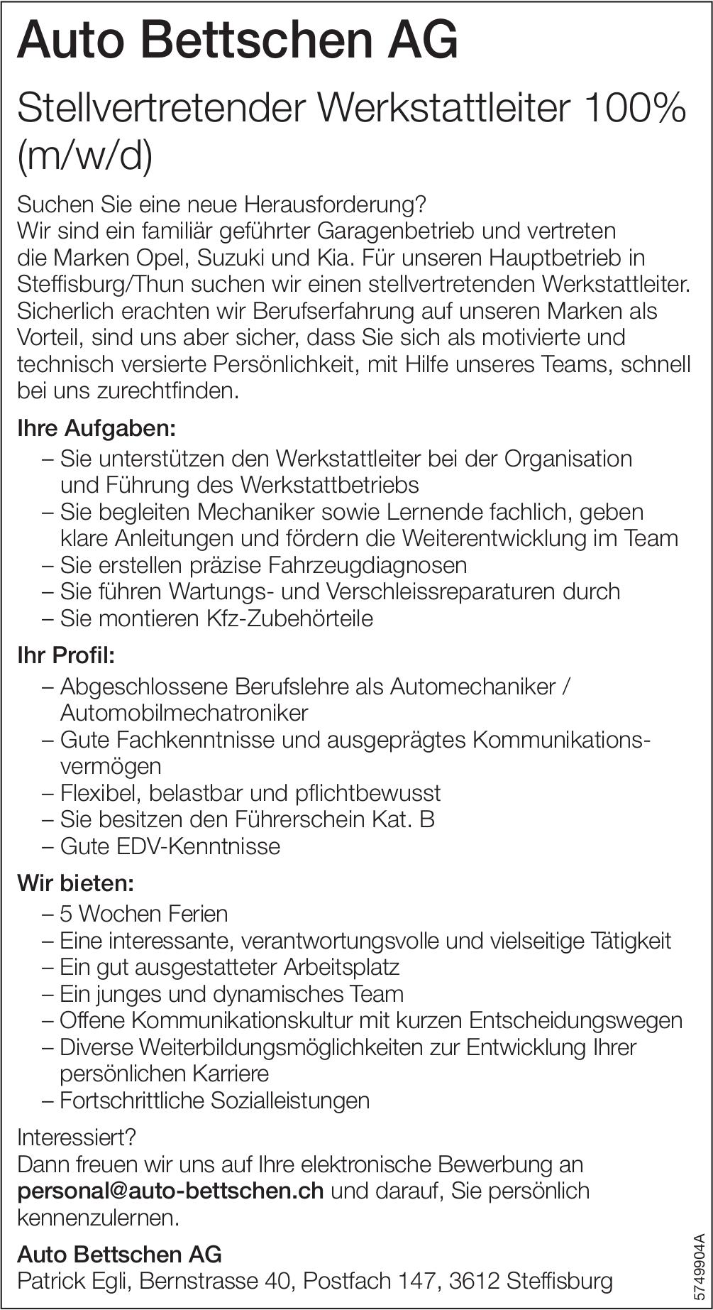 Stellvertretender Werkstattleiter 100% (m/w/d), Auto Bettschen AG, Steffisburg, Gesucht