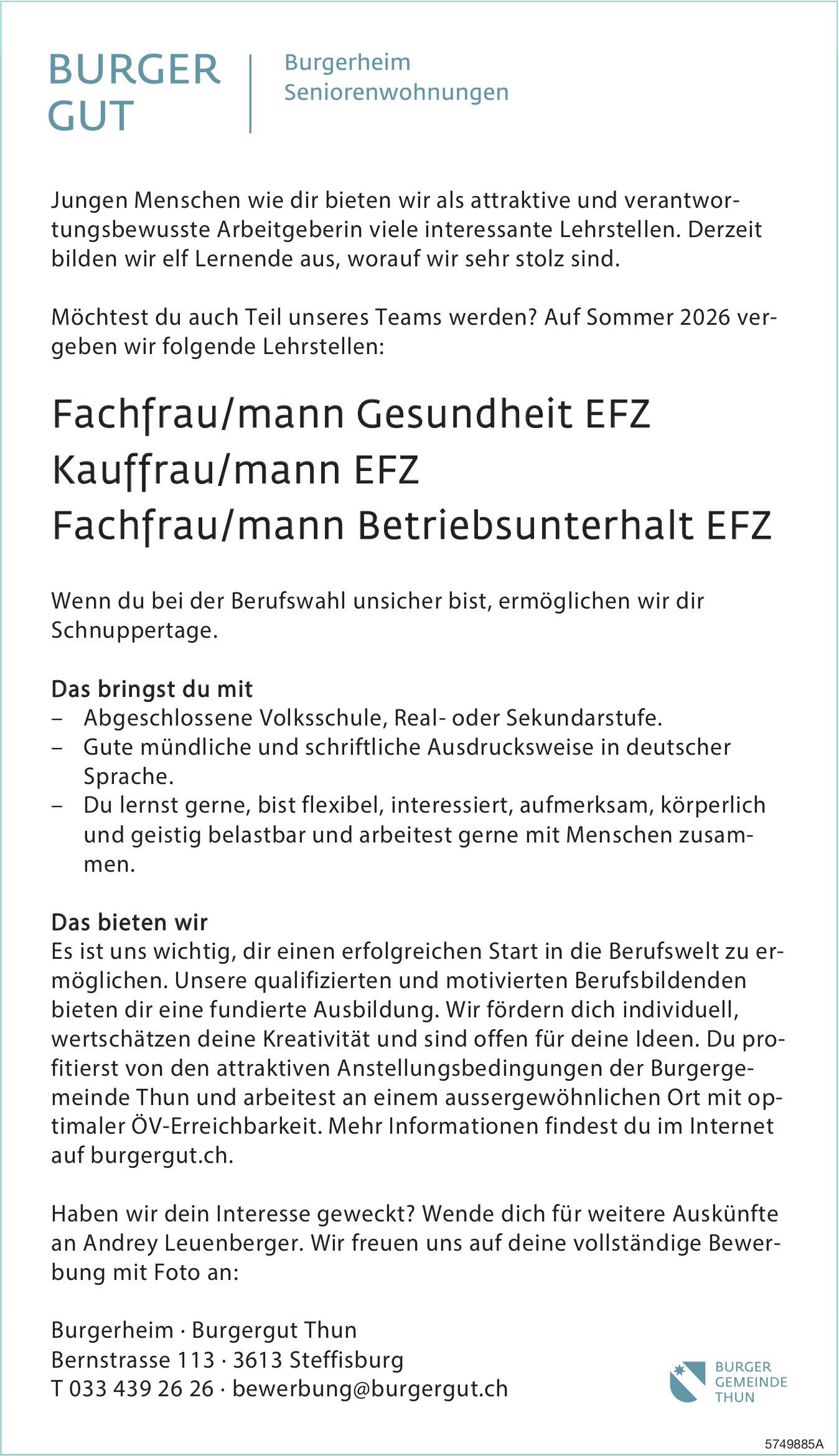 Fachfrau/mann Gesundheit EFZ, Burgerheim Burgergut Thun, Steffisburg, Gesucht