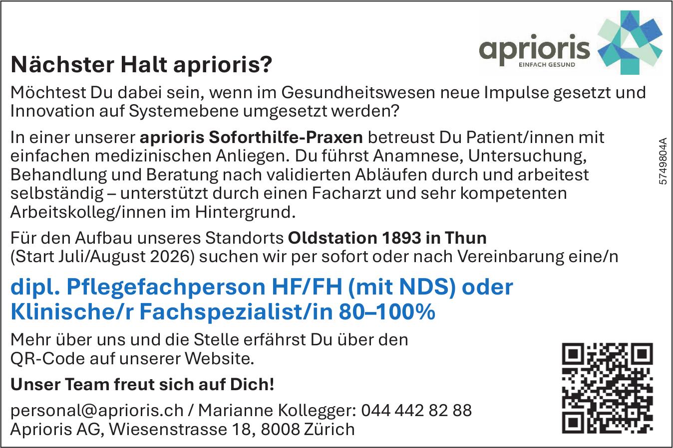 dipl. Pflegefachperson HF/FH (mit NDS) oder Klinische/r Fachspezialist/in 80–100%, Aprioris AG, Zürich, Gesucht