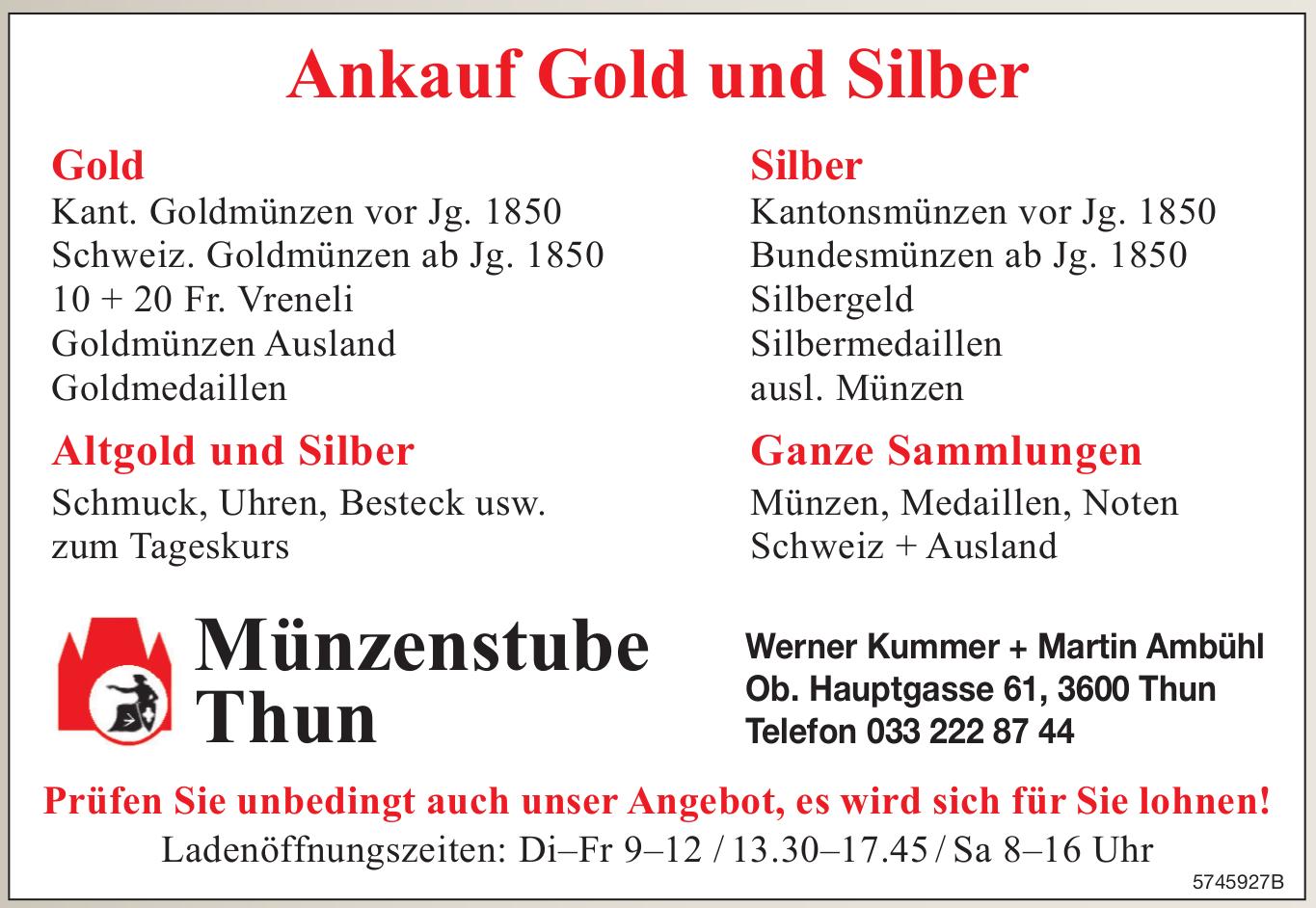 Münzenstube Thun, Ankauf Gold und Silber