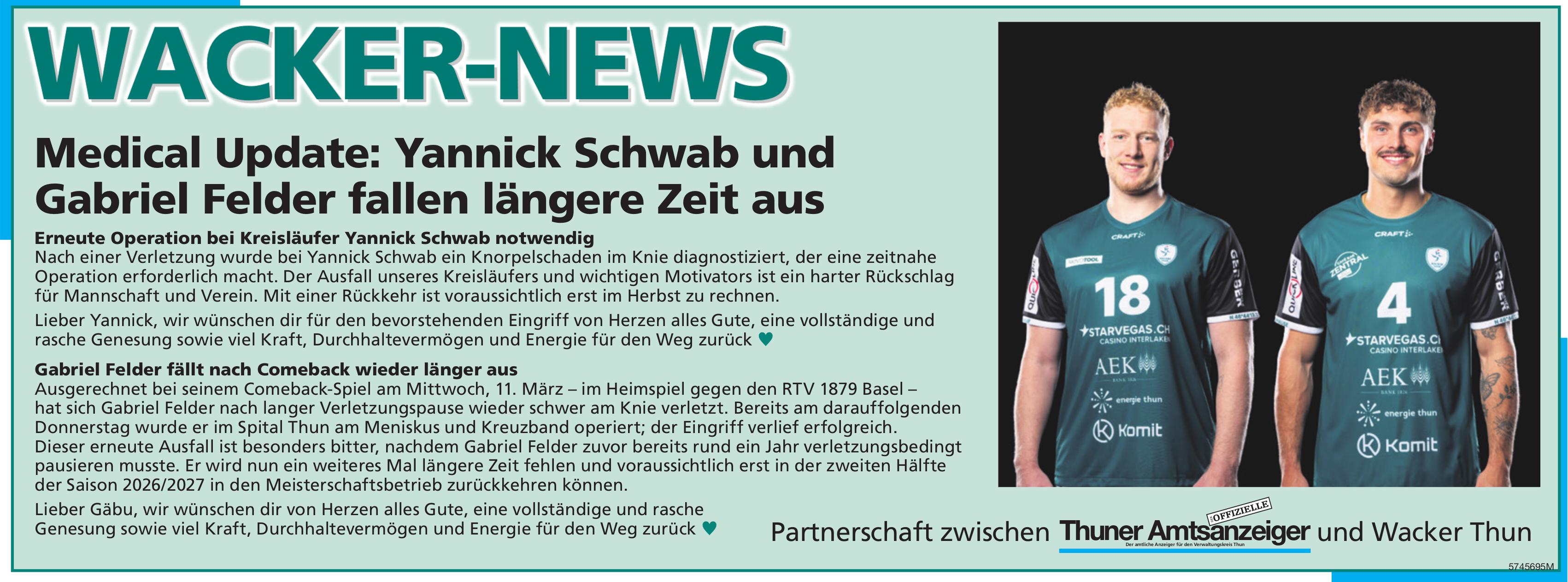 Wacker Thun, Medical Update: Yannick Schwab und Gabriel Felder fallen längere Zeit aus