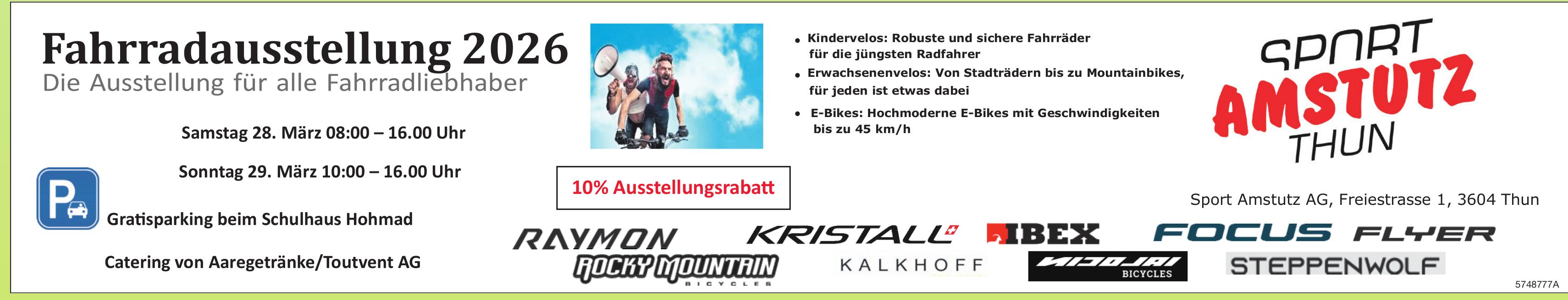 Fahrradausstellung 2026, 28. - 29. März, Sport Amstutz AG, Thun