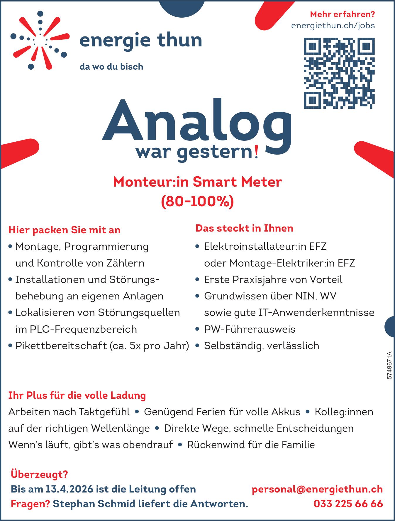 Monteur:in Smart Meter (80-100%), energie thun, Gesucht