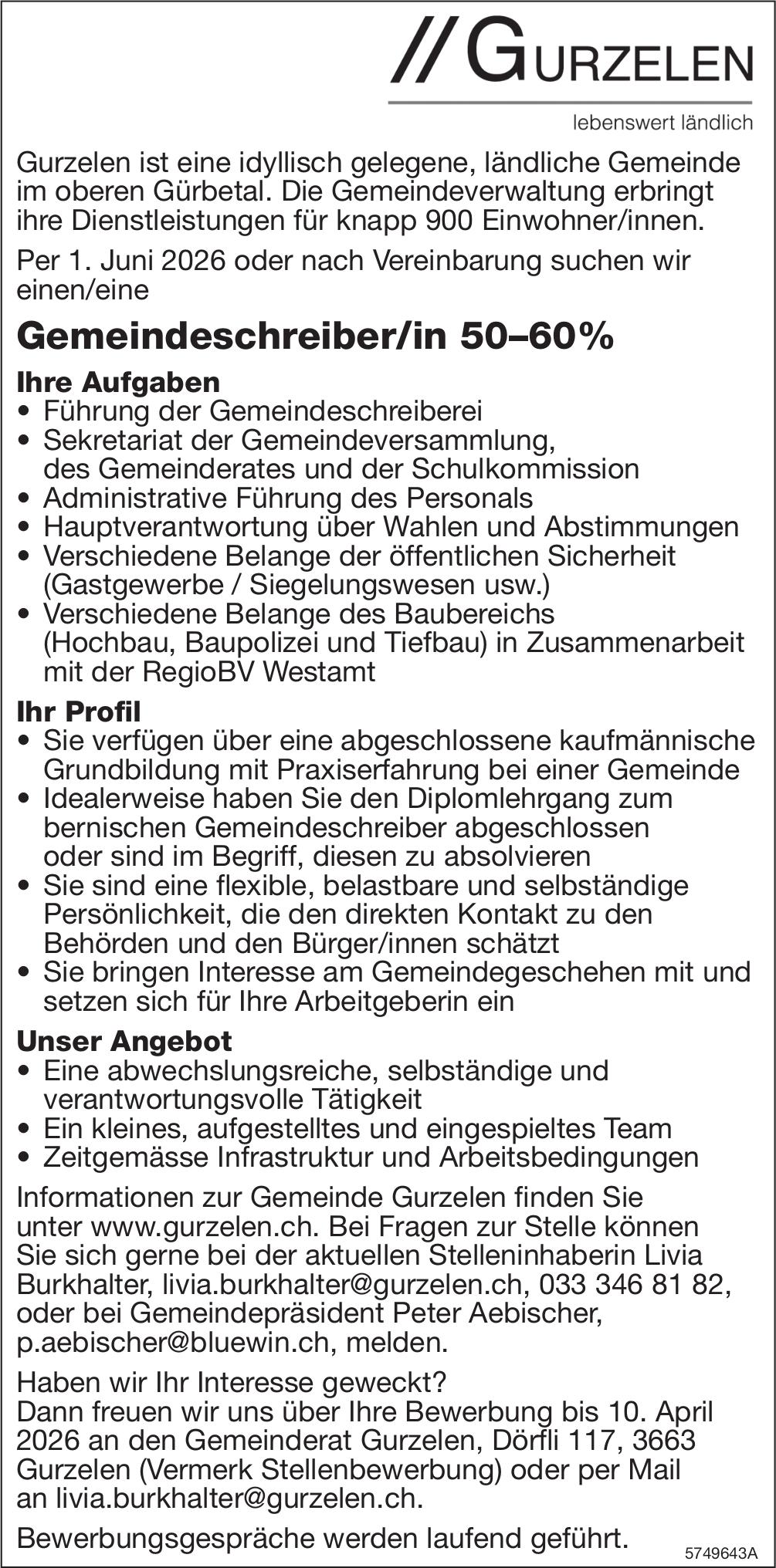 Gemeindeschreiber/in 50–60%, Gurzelen, Gesucht