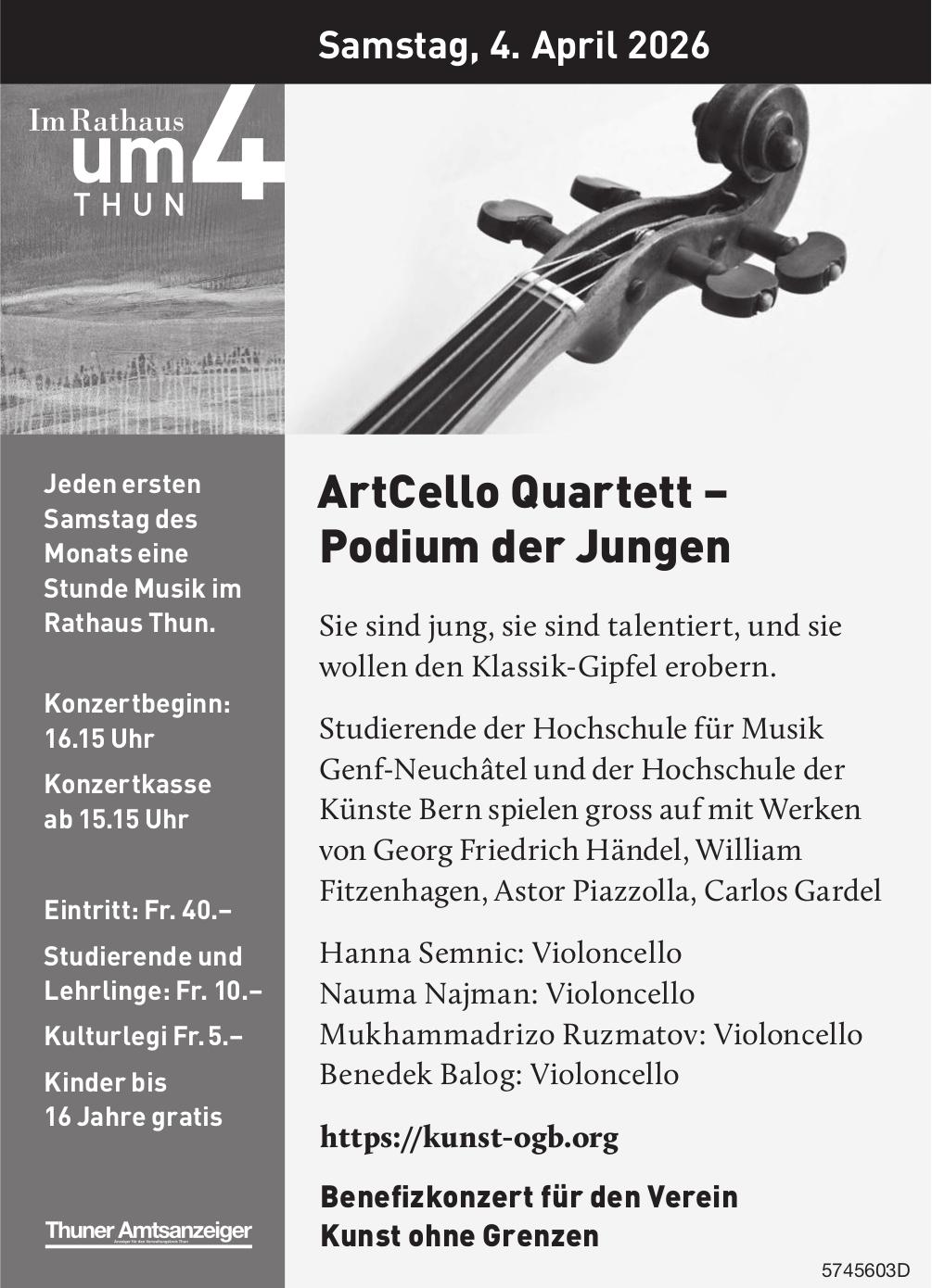 ArtCello Quartett – Podium der Jungen, 4. April, Rathaus Thun
