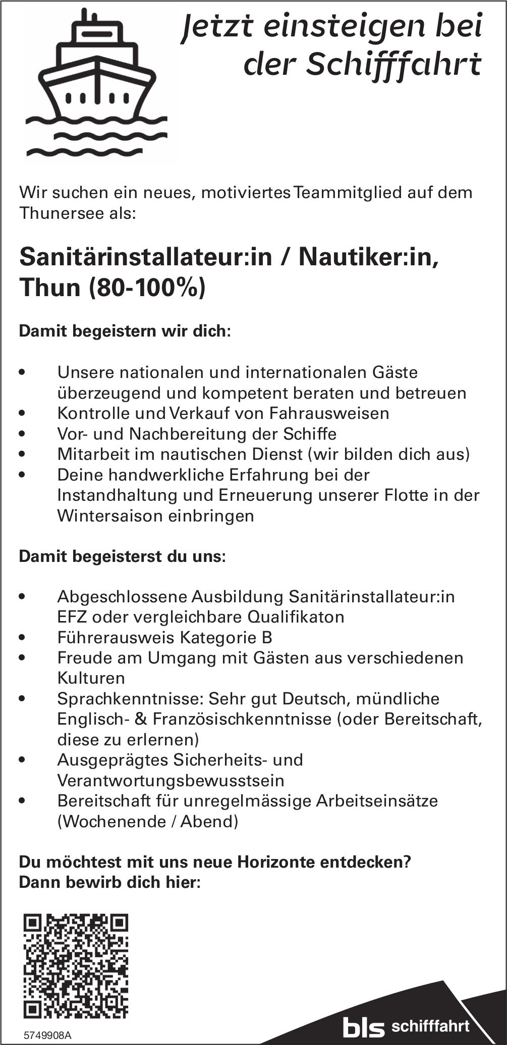 Sanitärinstallateur:in / Nautiker:in, Thun (80-100%), bls schiffahrt, Gesucht