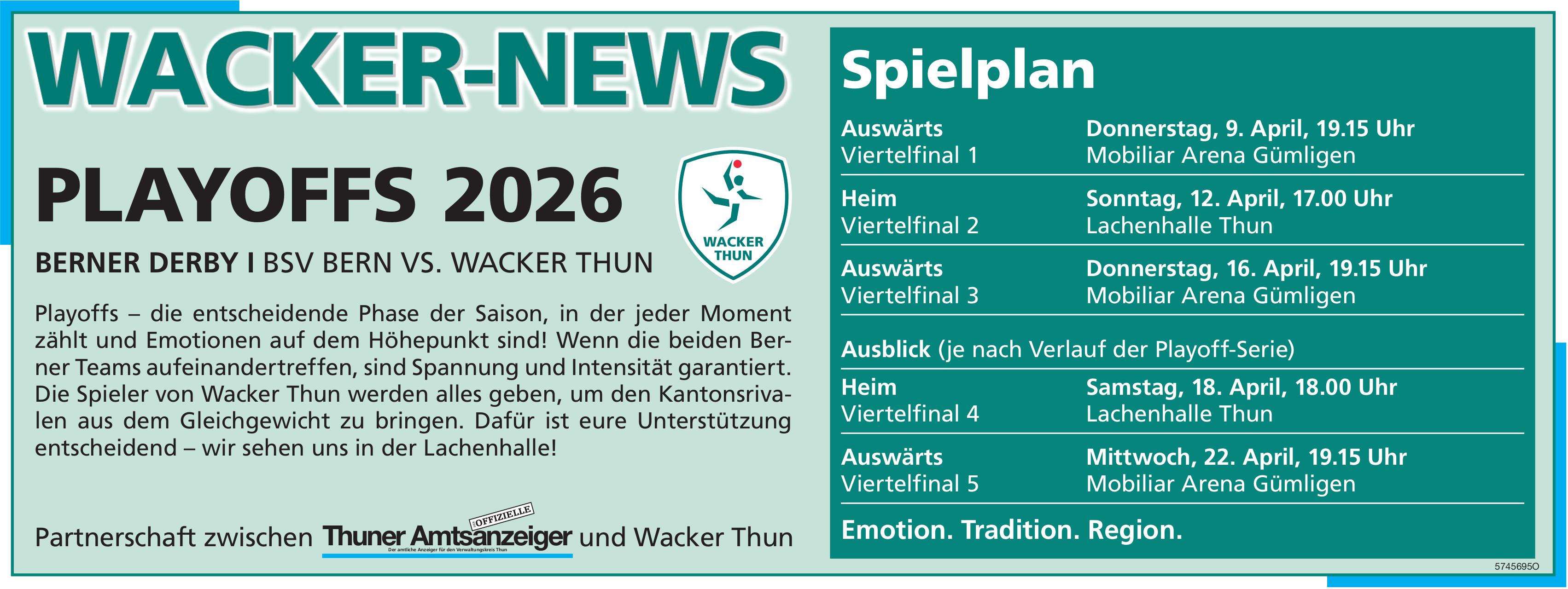 WACKER-NEWS: PLAYOFFS 2026, 9. - 22. April, Bern