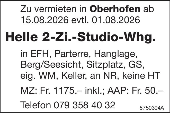 Helle 2-Zi.-Studio-Whg., Oberhofen, zu vermieten