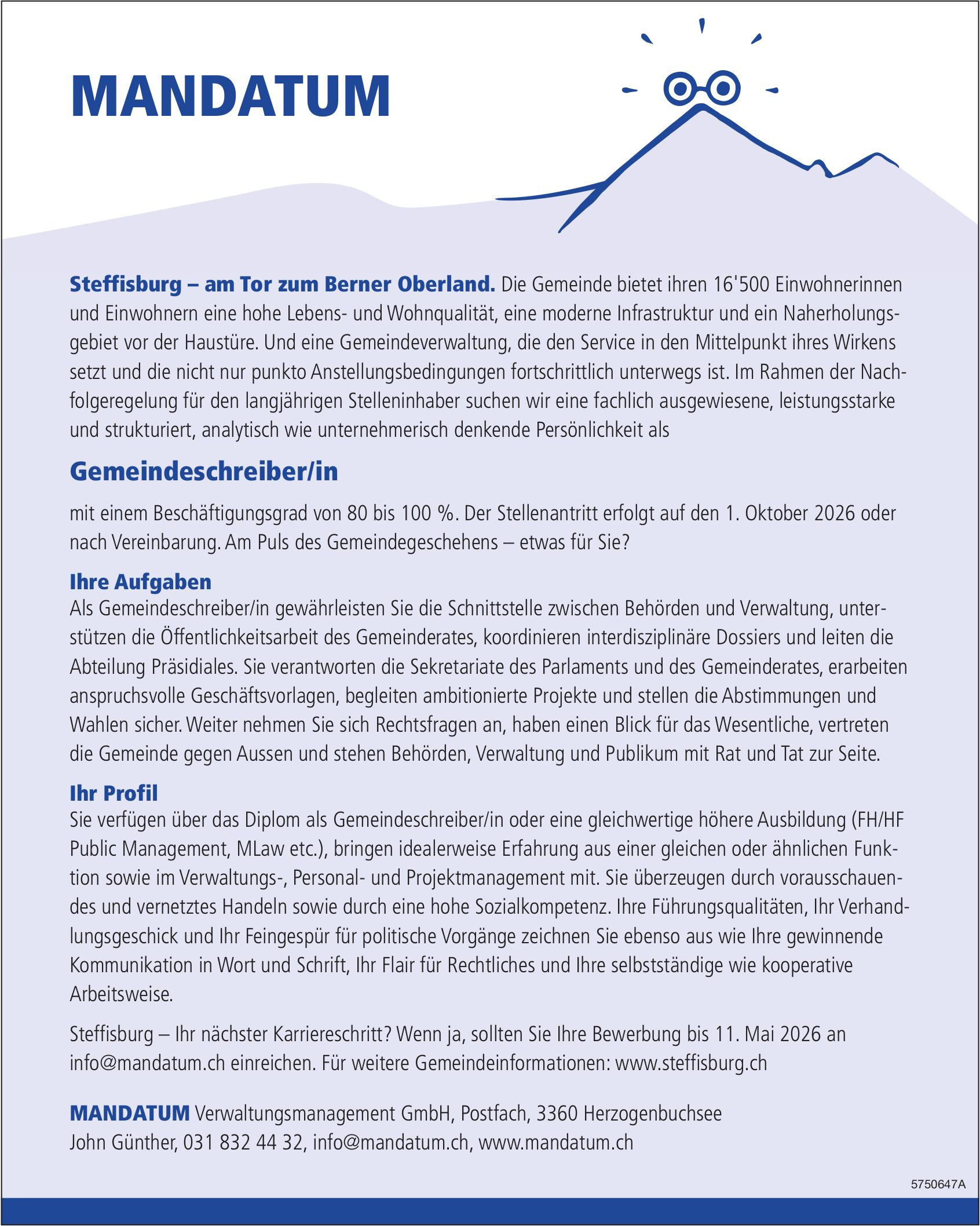 Gemeindeschreiber/in, Mandatum Verwaltungsmanagement GmbH, Steffisburg, gesucht