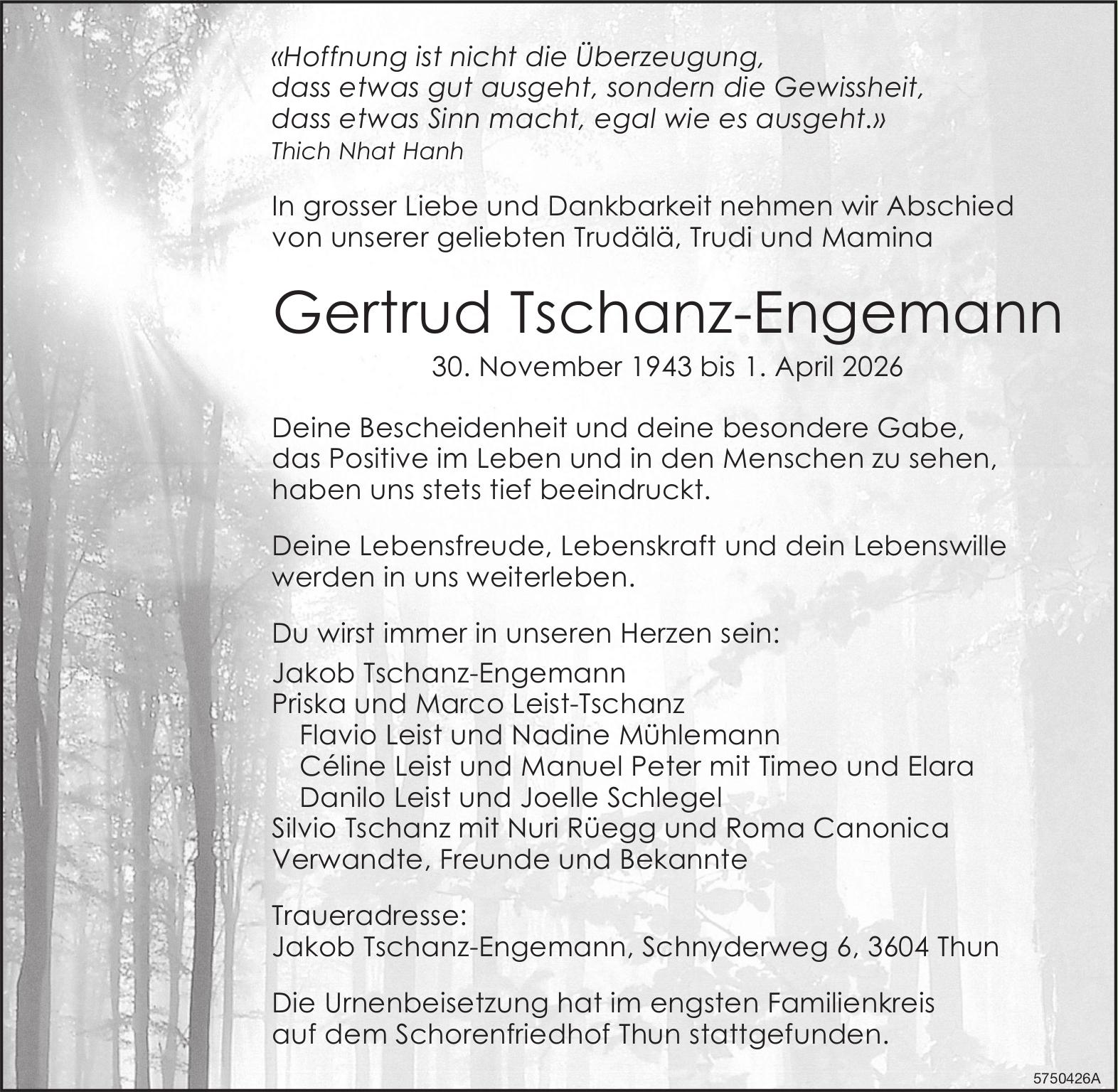 Tschanz-Engemann Gertrud, April 2026 / TA