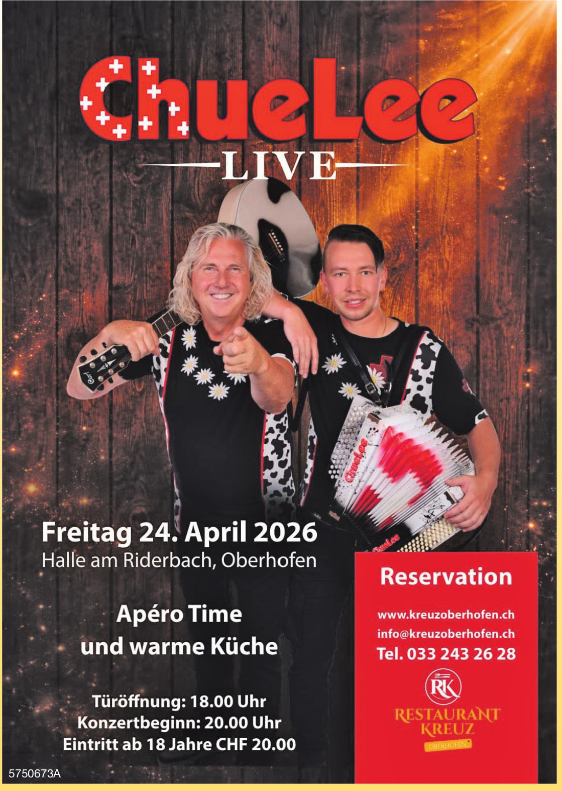 ChueLee – LIVE, 24. April, Halle am Riderbach, Oberhofen