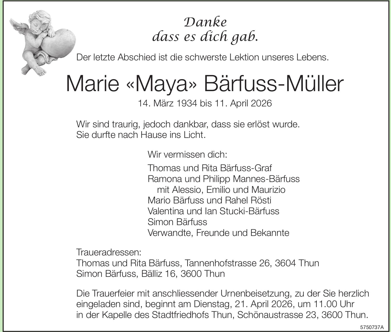 Bärfuss-Müller Marie «Maya», April 2026 / TA