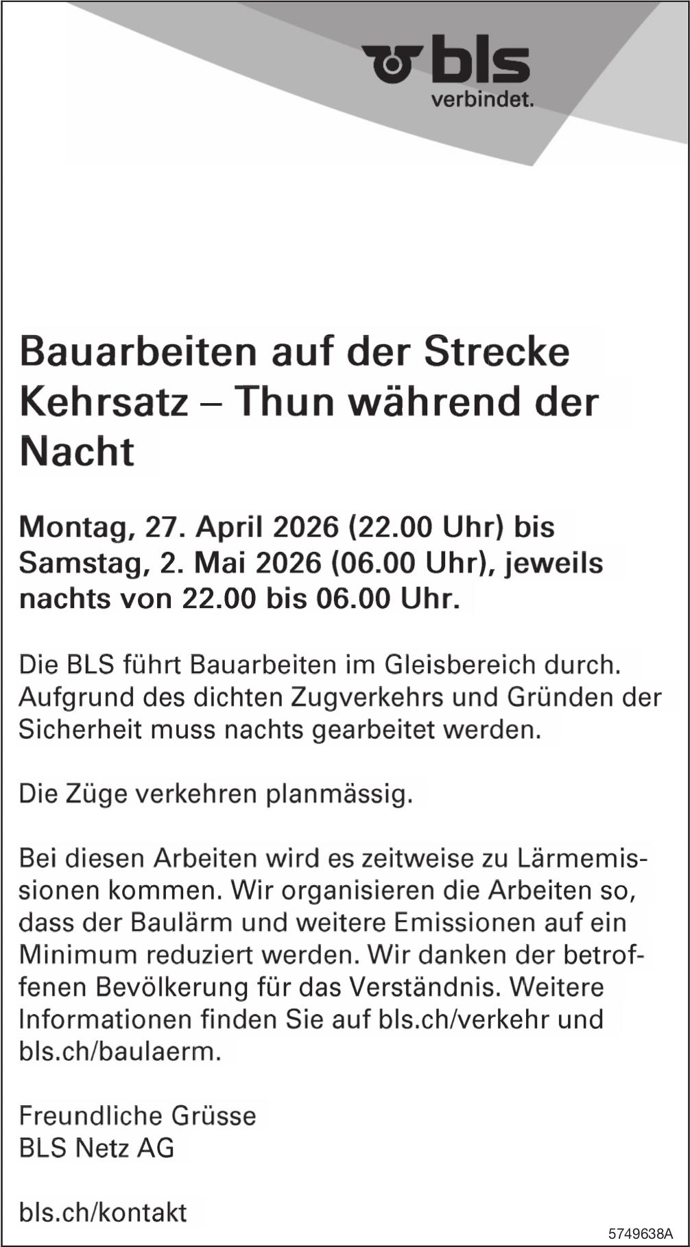 Verkehrsmaßnahmen / Wartungsarbeiten, BLS Netz AG, Bauarbeiten auf der Strecke Kehrsatz – Thun während der Nacht