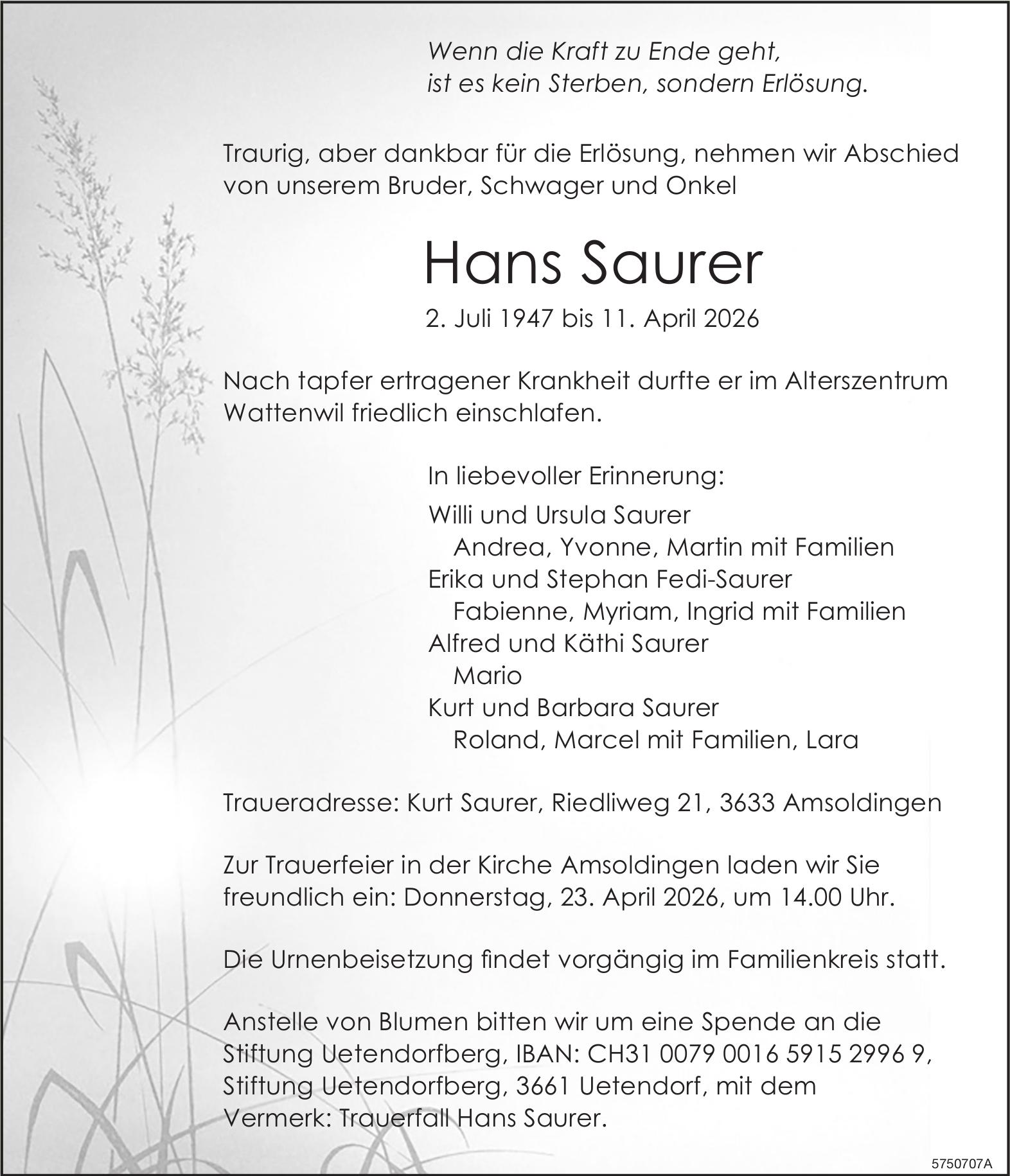 Saurer Hans, April 2026 / TA