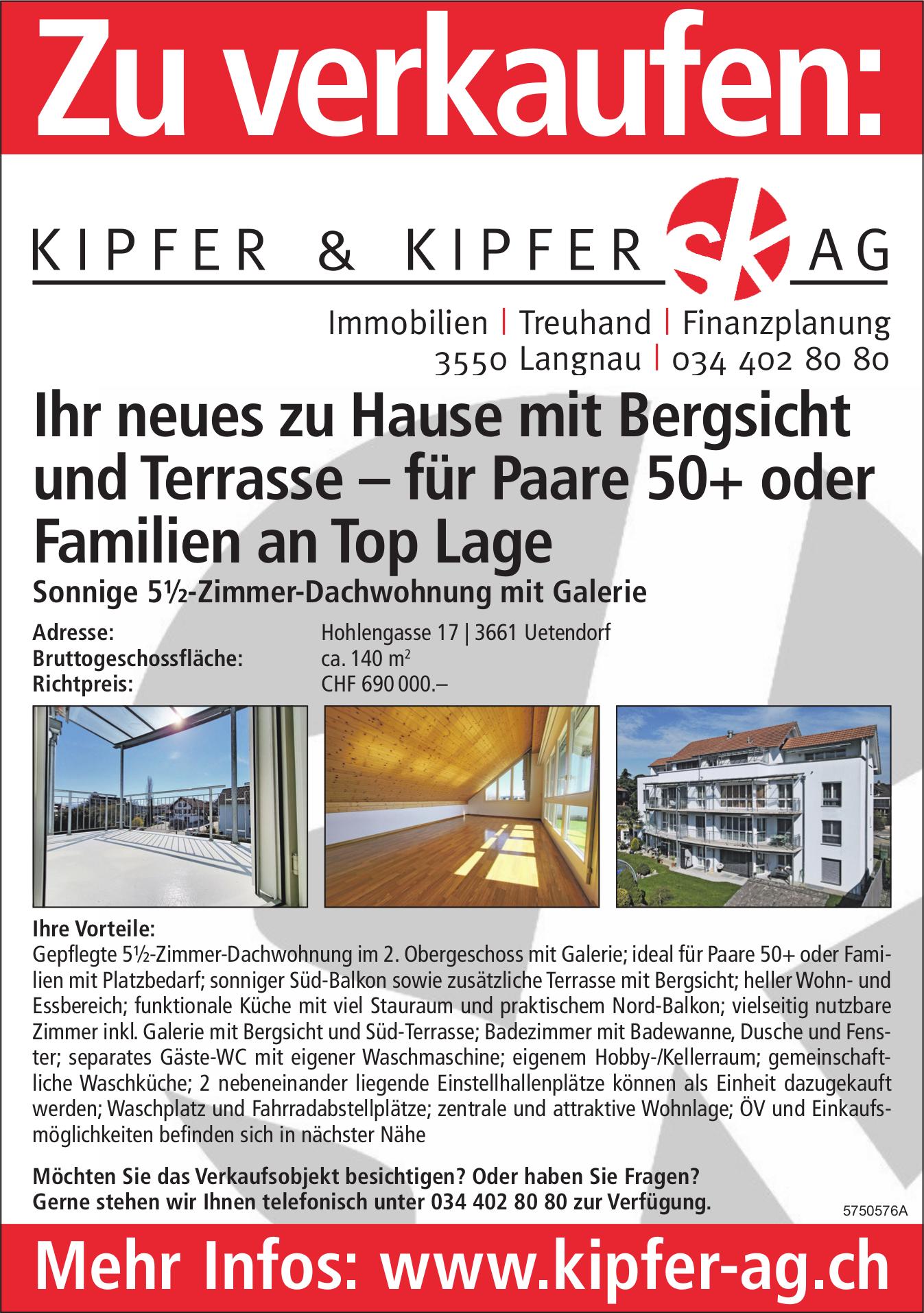 Sonnige 5½-Zimmer-Dachwohnung mit Galerie, 5½ Zimmer-Wohnung, Uetendorf, zu verkaufen