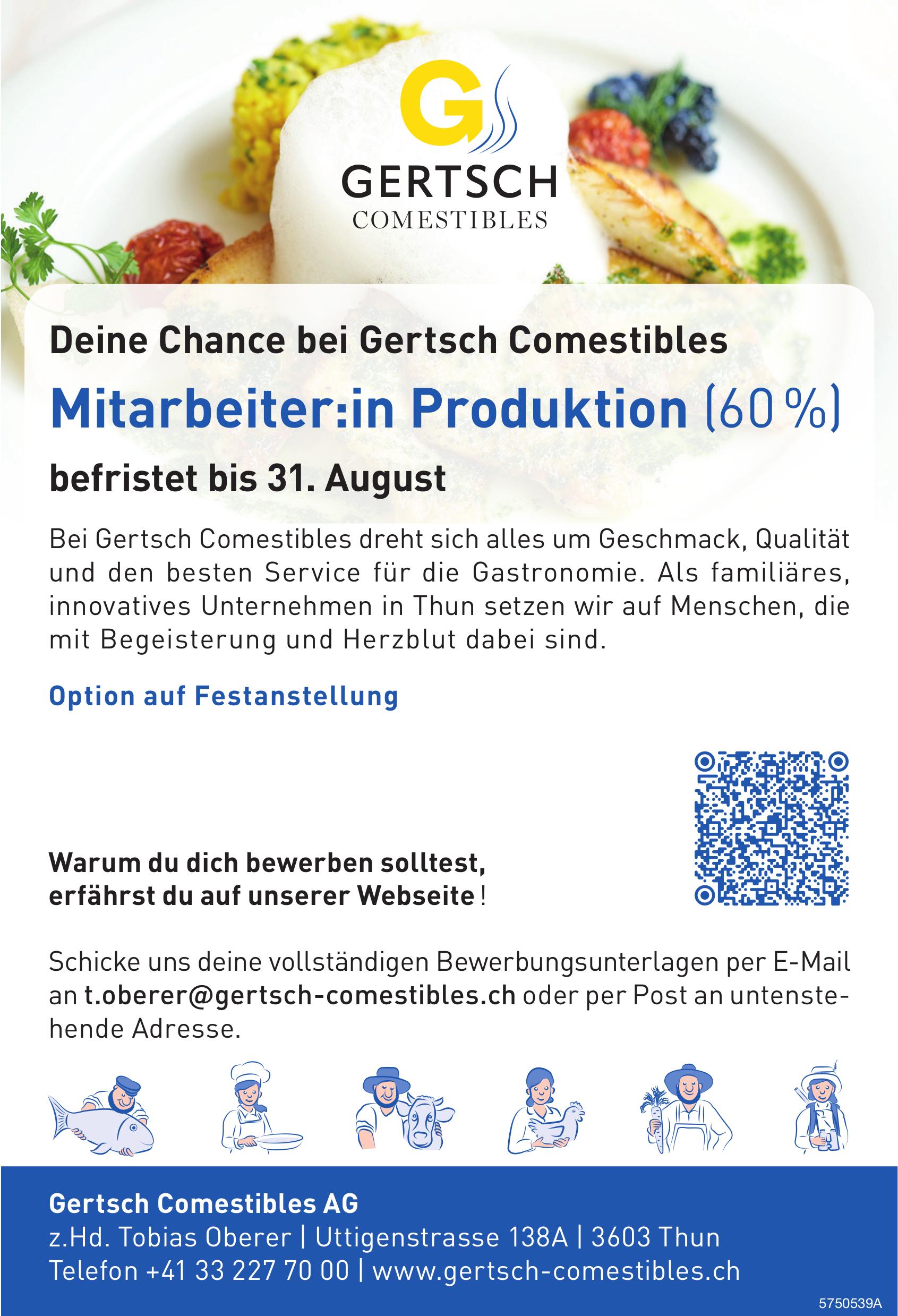 Mitarbeiter:in Produktion (60%), Gertsch Comestibles AG, Thun, Gesucht