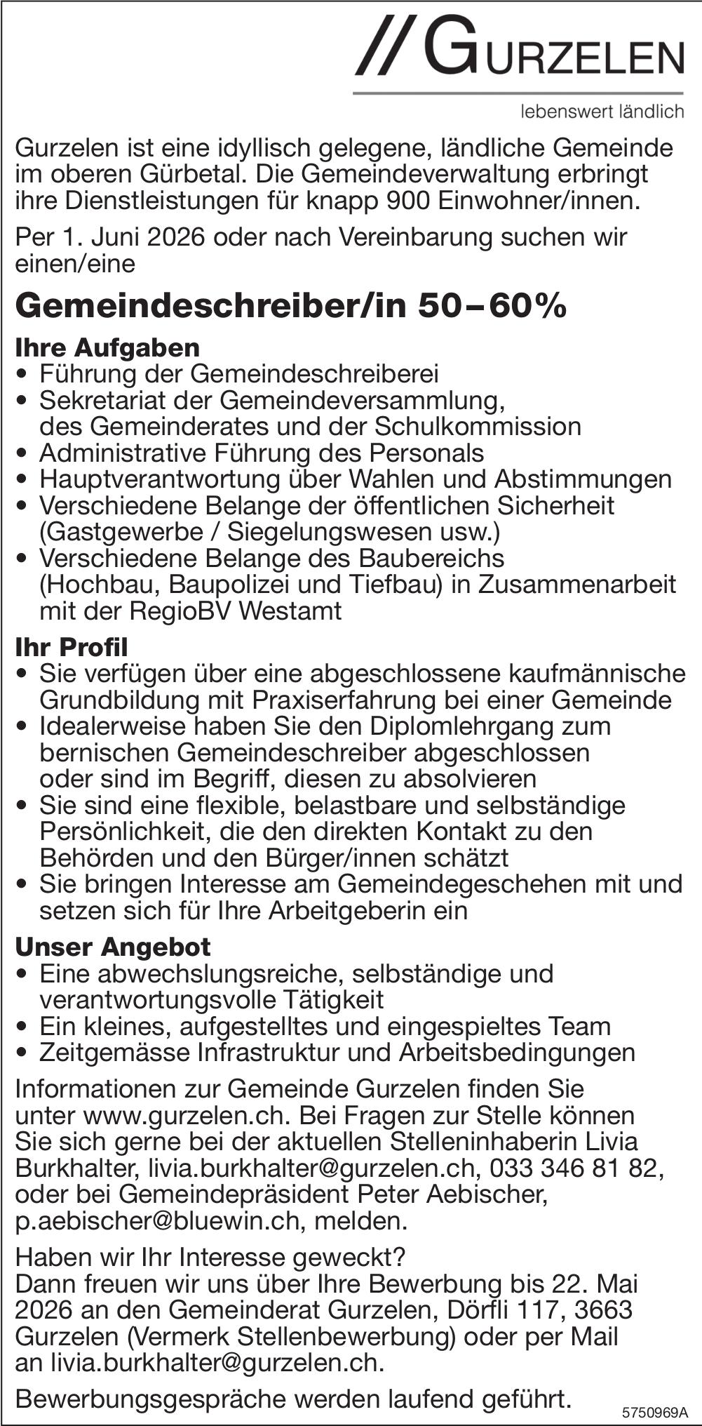 Gemeindeschreiber/in 50–60%, Gurzenlen, Gesucht