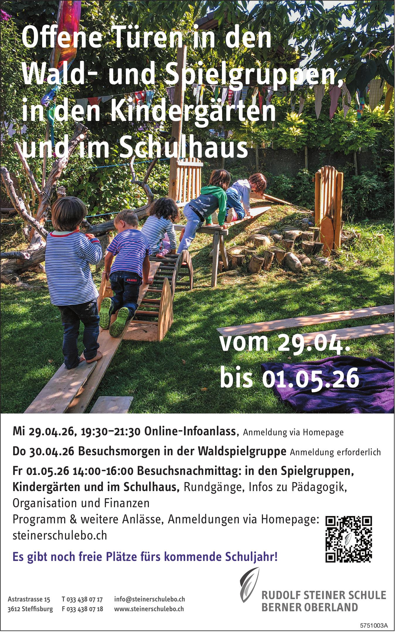 Offene Türen in den Wald- und Spielgruppen, in den Kindergärten und im Schulhaus, 29. April - 1. Mai, Rudolf Steiner Schule Berner Oberland, Steffisburg