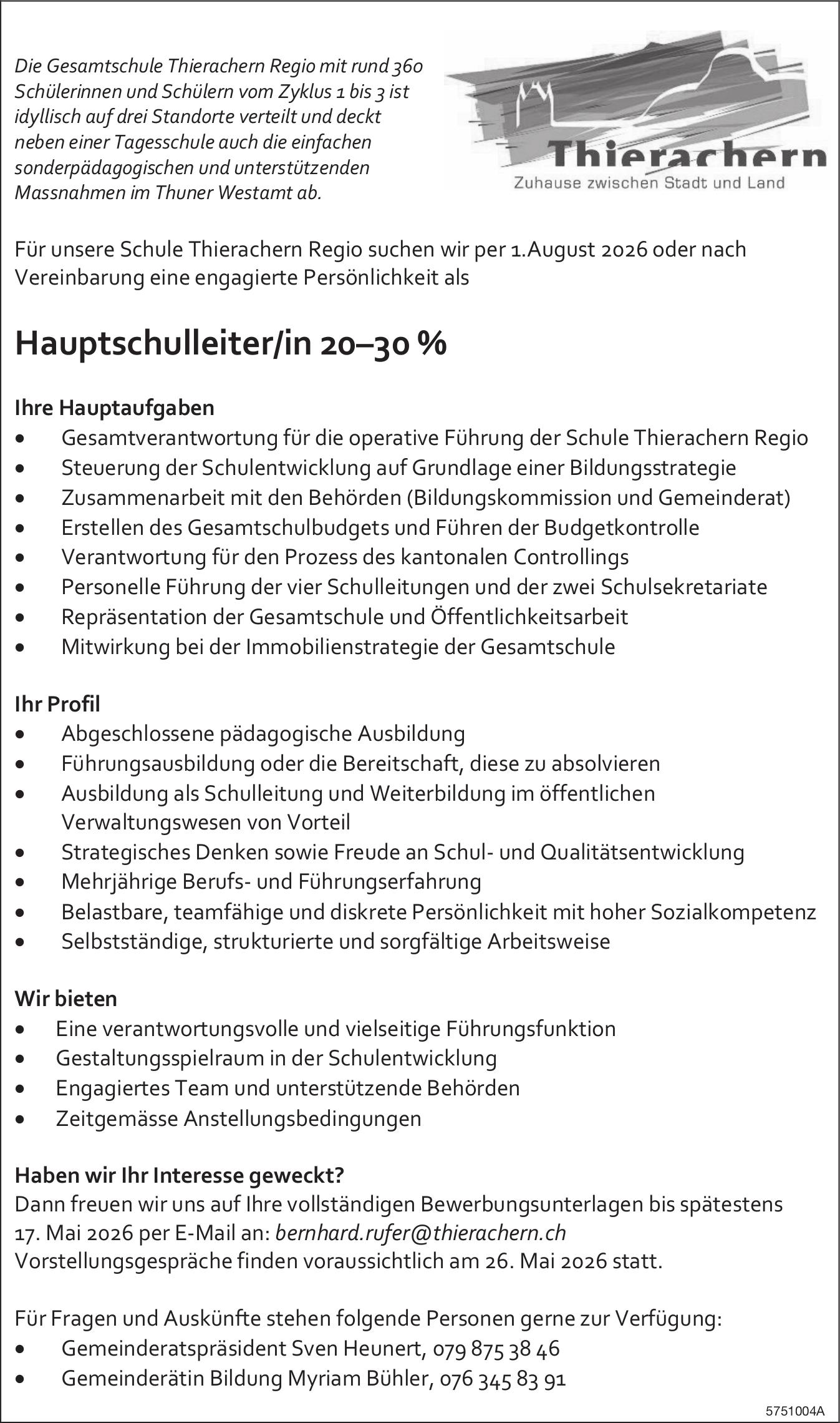 Hauptschulleiter/in 20–30 %, Schule Thierachern Regio, Gesucht