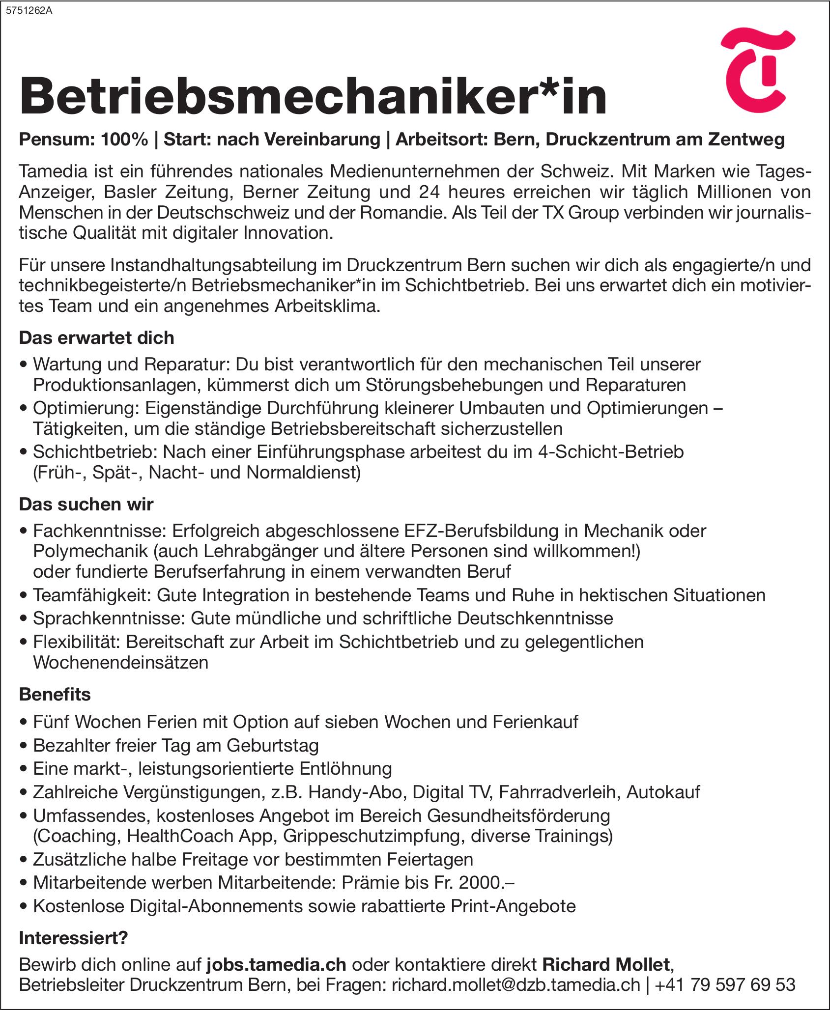 Betriebsmechaniker*in, Tamedia, Bern, Gesucht
